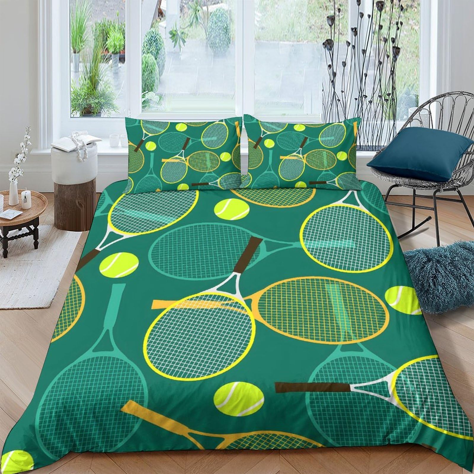 GPLZQXKJNH 3D Printed Tennis Racket Duvet Cover Microfiber Soft Breathable Tennis Ball Bedding Set with 2 Pillowcases for Bedroom Decor Single（135x200cm）