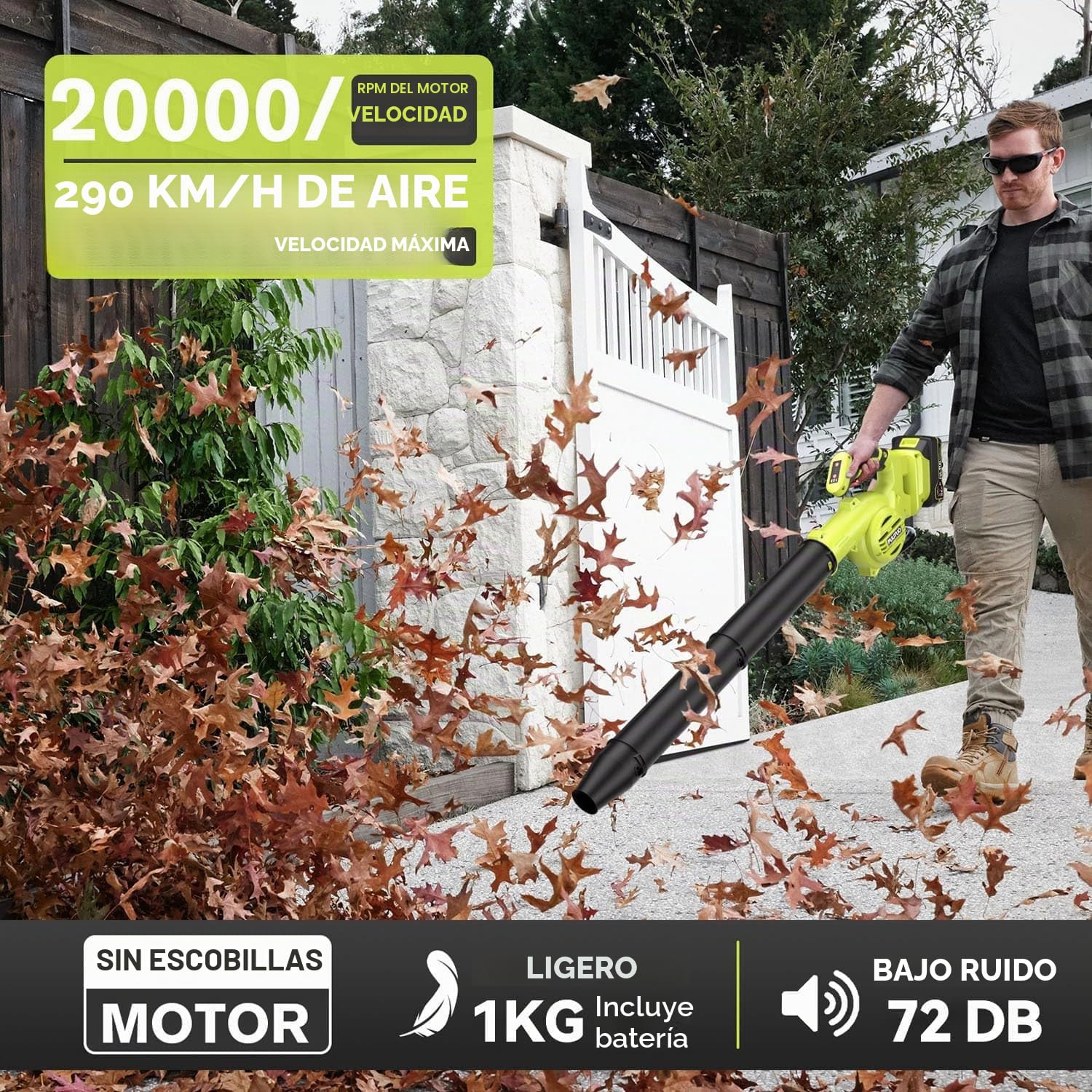 PULITUO Soplador de Hojas, 3 EN 1 Soplador de Hojas Bateria Inalámbrico, 290 KM/H, Motor sin escobillas de 20000 RPM, Soplador eléctrico portátil para jardín para Polvo y Hojas (2 Baterías)