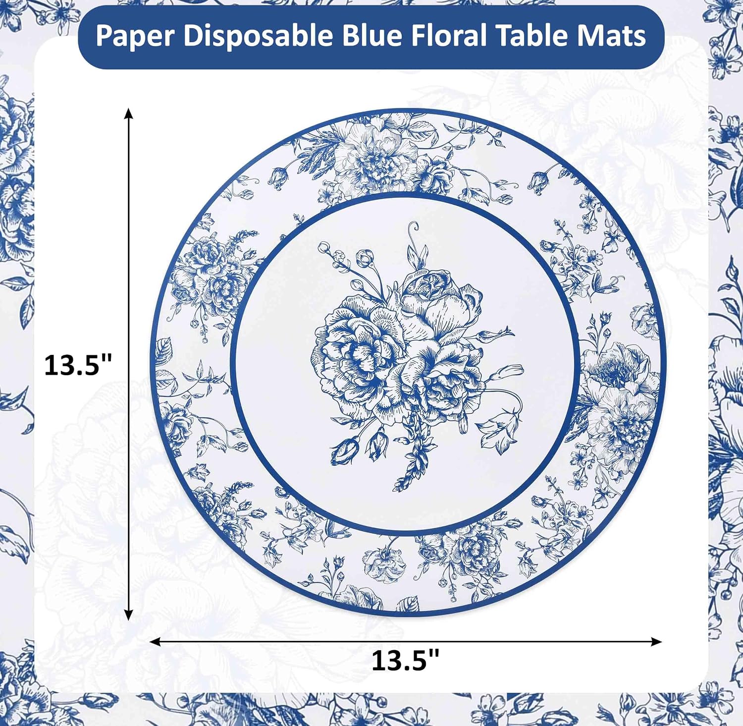 Disposable Blue Floral Paper Table Mats 50 Pack 13.5" Round Decorative Chinoiserie Flower Charger Placemats for Wedding Birthday Dinner Party Setting