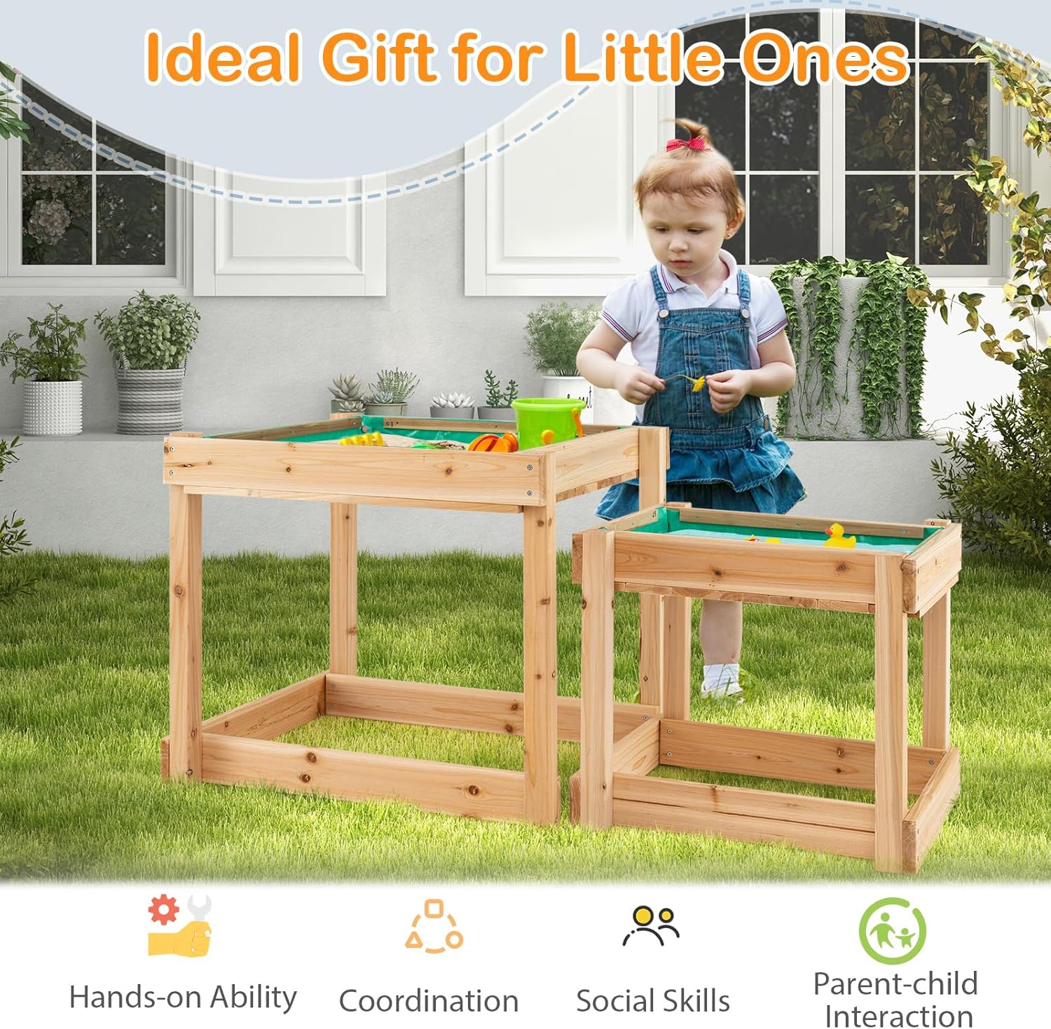 HONEY JOY Sand and Water Table, 2 Pcs Wood Outdoor Kids Sensory Table, Protective Cover & Built-in Liner, Space-Saving, Toddler Sandbox Table, Play Activity Table for Backyard Garden Beach, Natural