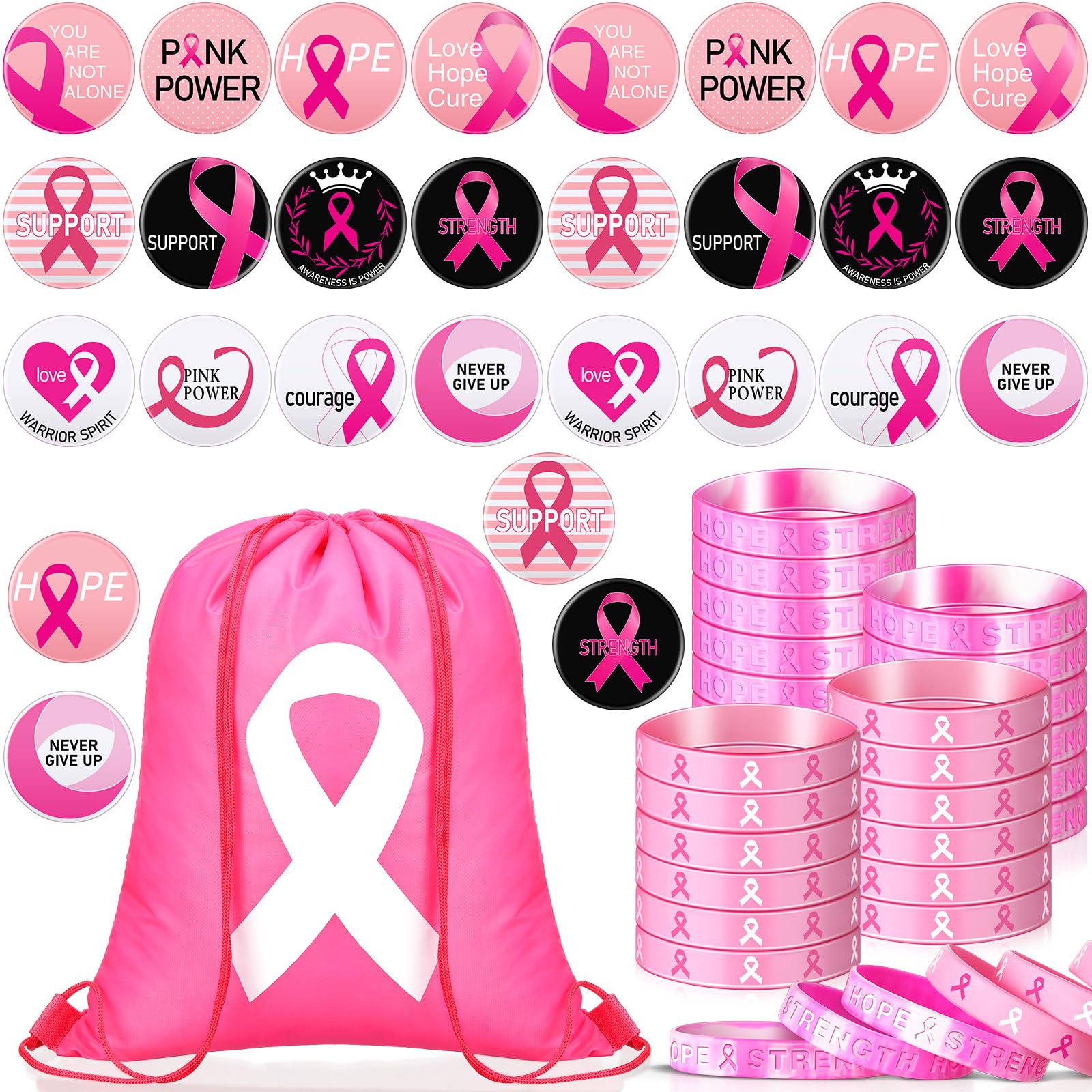 96 Pcs Breast Cancer Awareness Accessories, 24 Pcs Breast Cancer Awareness Drawstring Backpack