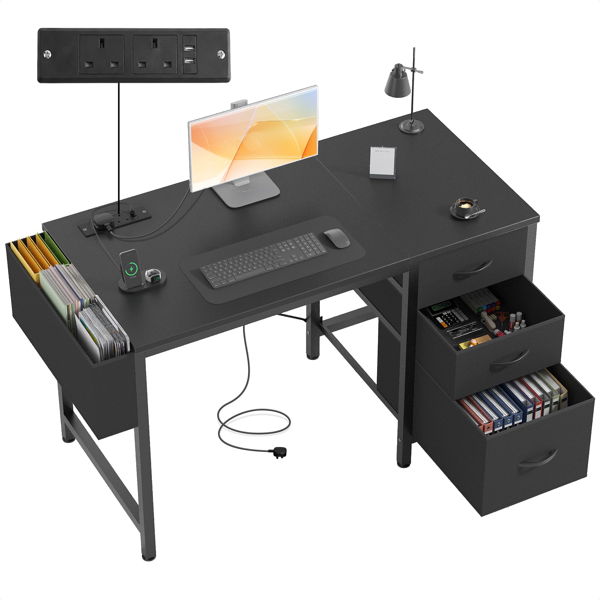 Claiks 100x60cm Computer Desk with Drawers & Charging Station, Office Desk with Storage Bag, Study Desk with USB Ports & AC Outlets for Home Office, Black