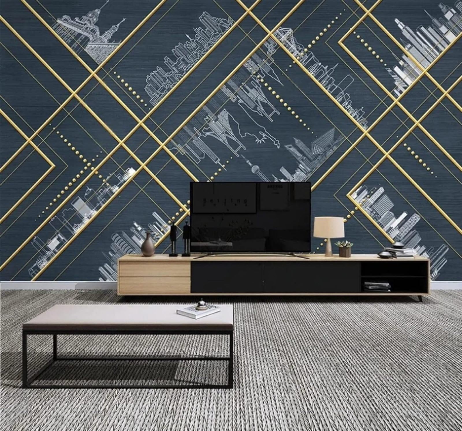 XLMING Contemporary Luxury Gold Lines Abstract Urban Architecture 3D Wallpaper Luxury Silk Study Dining Feature Sofa Grey Bedroom Living Room Tv Decorative Wall-150cm×105cm