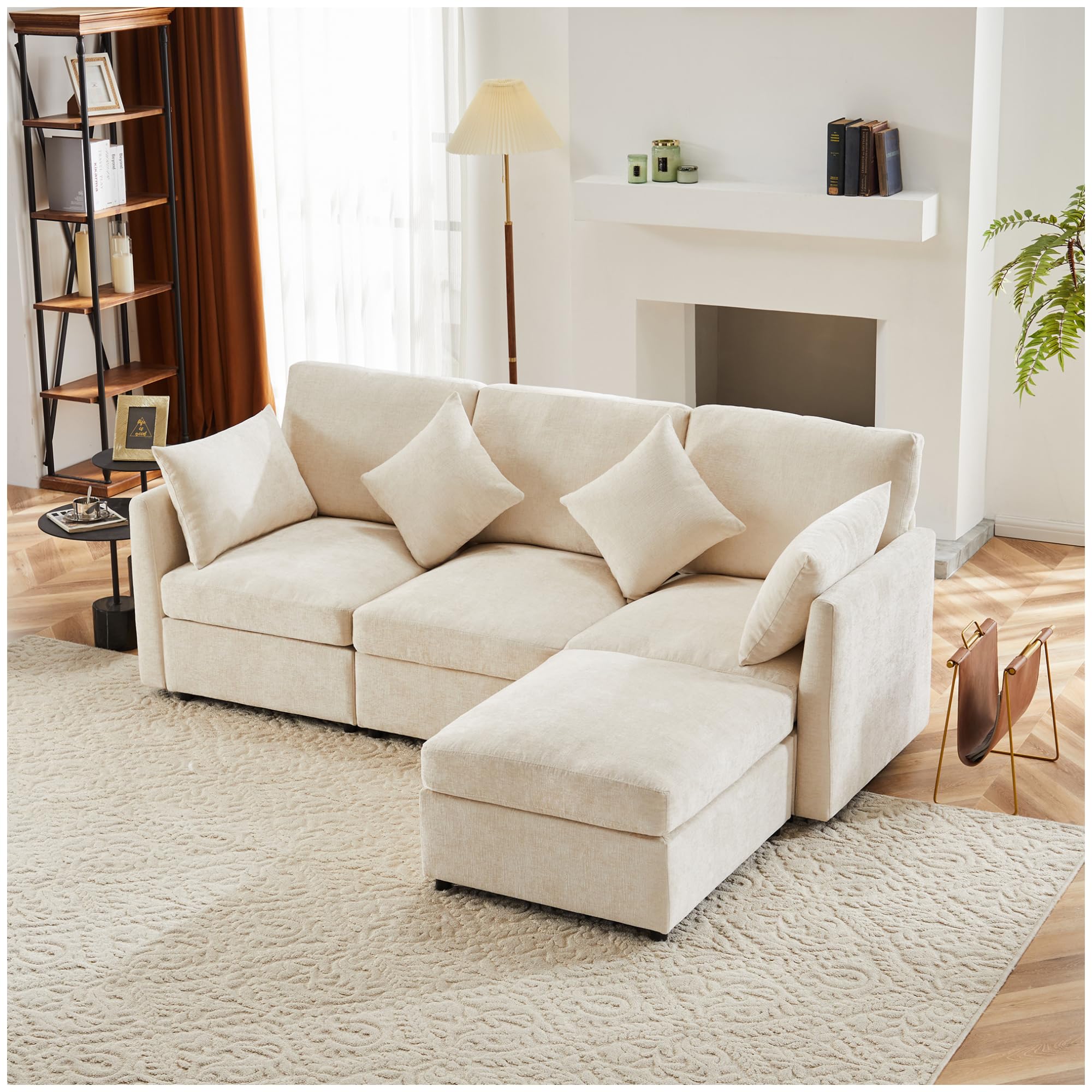 Divano moderno,divano componibile in tessuto cinigliato,sofa letto 3 posti,a quattro posti,divano angolare a L con poggiapiedi,divani,divani con penisola,216x161x81cm (Beige)