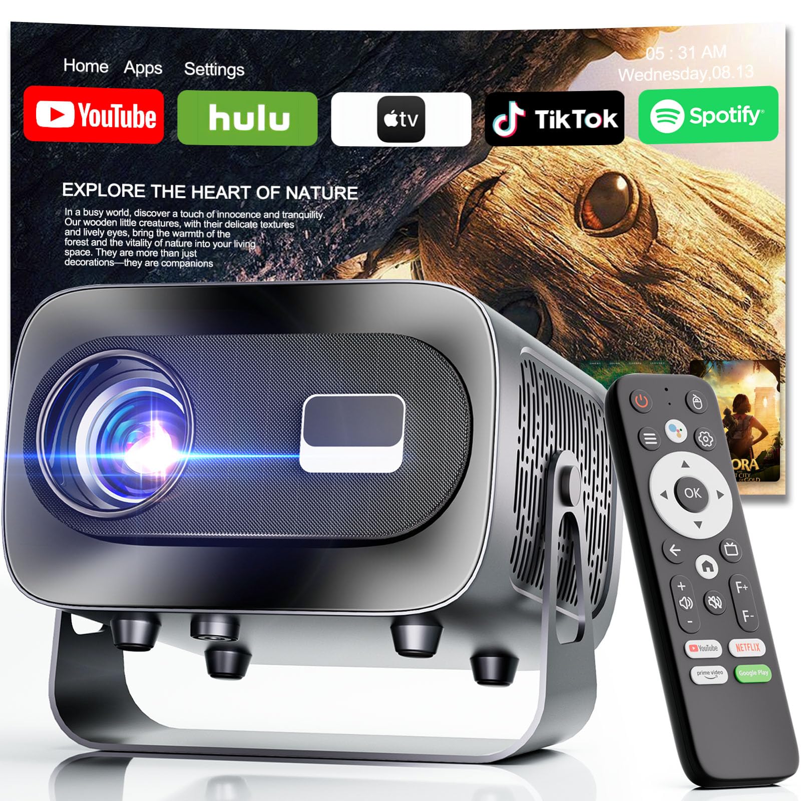 [Intégré App] Vidéoprojecteur 4K supporté par Home Cinéma pour Adults Viewing, Compatible avec Android TV et HDMI, Rotat