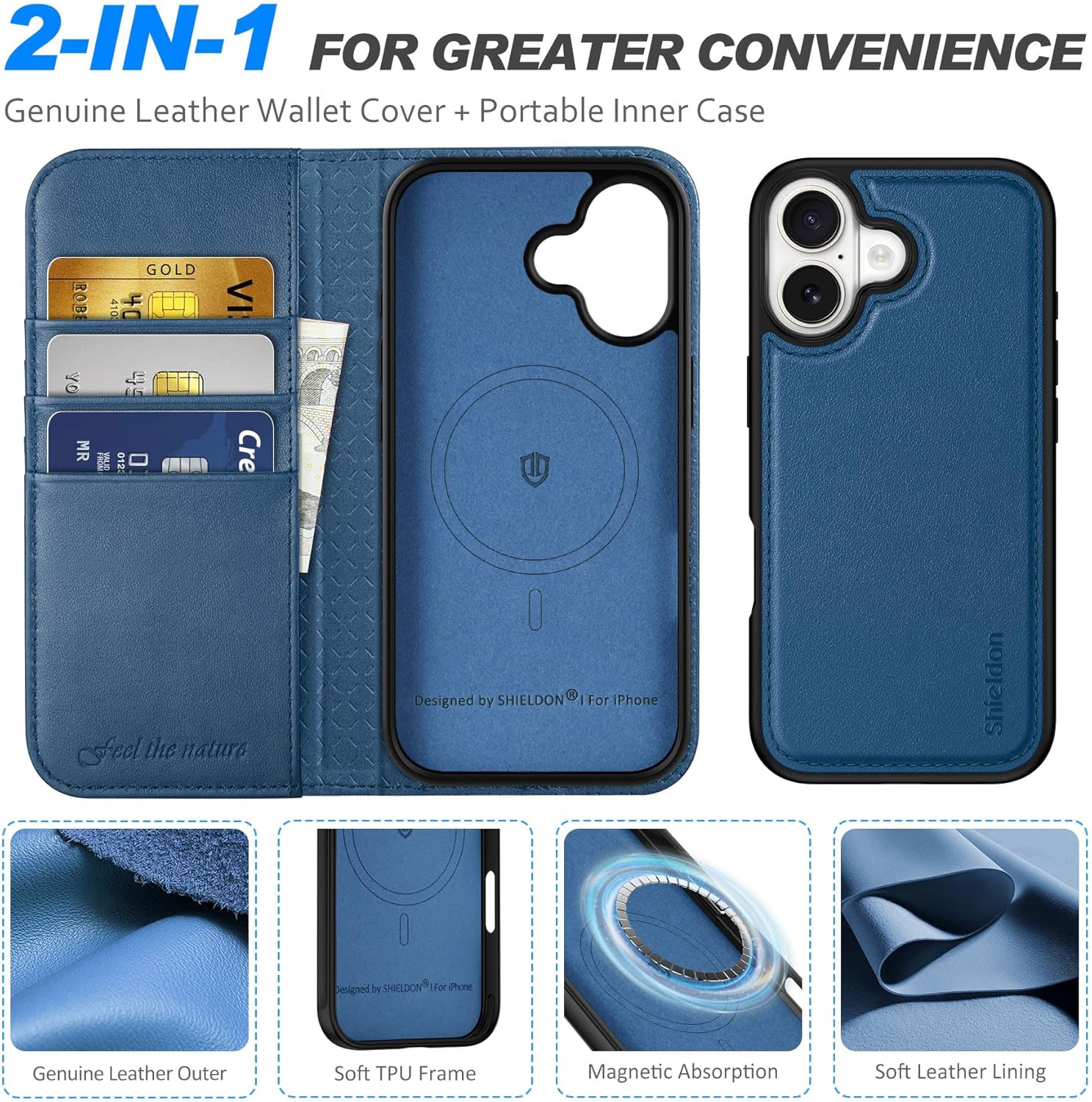 SHIELDON Removable Wallet Case for iPhone 17 6.3" 2025 | Genuine Leather | Folio Magnetic | Wireless Charging | RFID Blocking Card Holder | Kickstand | Shockproof Interior Cover | Royal Blue - Image 5