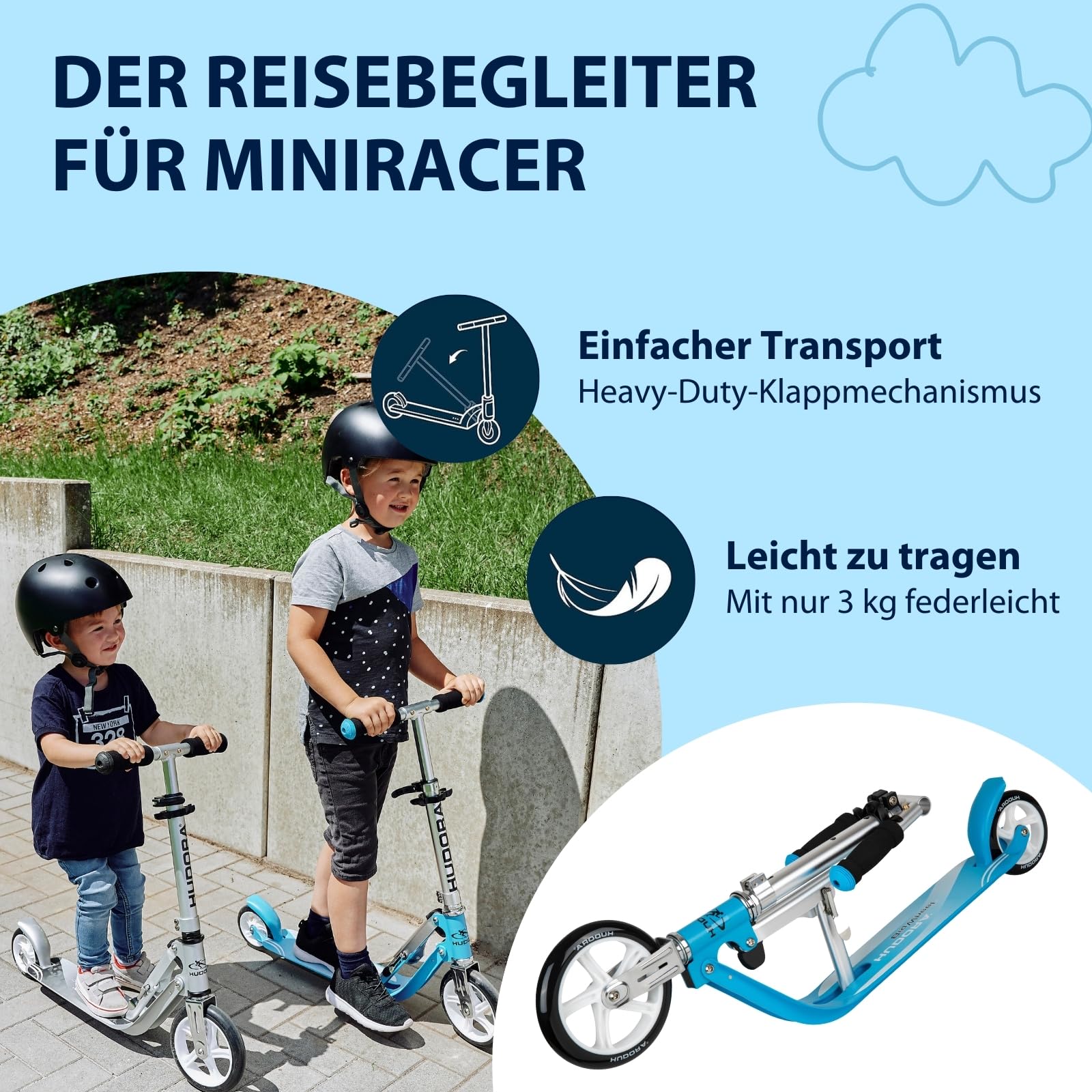 HUDORA Little BigWheel Scooter - Sicherer Aluminium-Roller für Kinder ab 3 Jahren - Höhenverstellbarer & zusammenklappbarer Cityroller für bis zu 100kg - Stabiler Tretroller mit großen Reifen