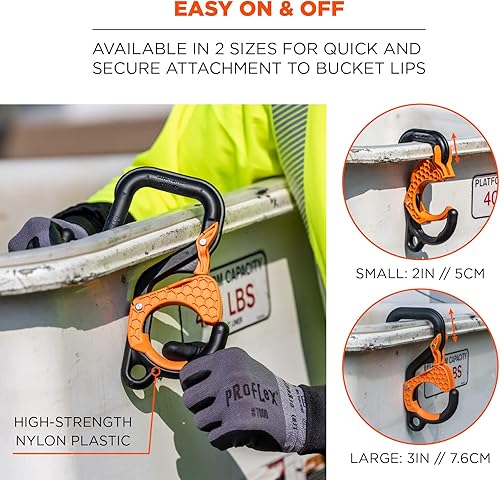 Miniatura 5 de Ergodyne Squids 3178 - Gancho para cubeta aérea de bloqueo con punto de anclaje, 2 pulgadas (2.0 in), color negro y naranja