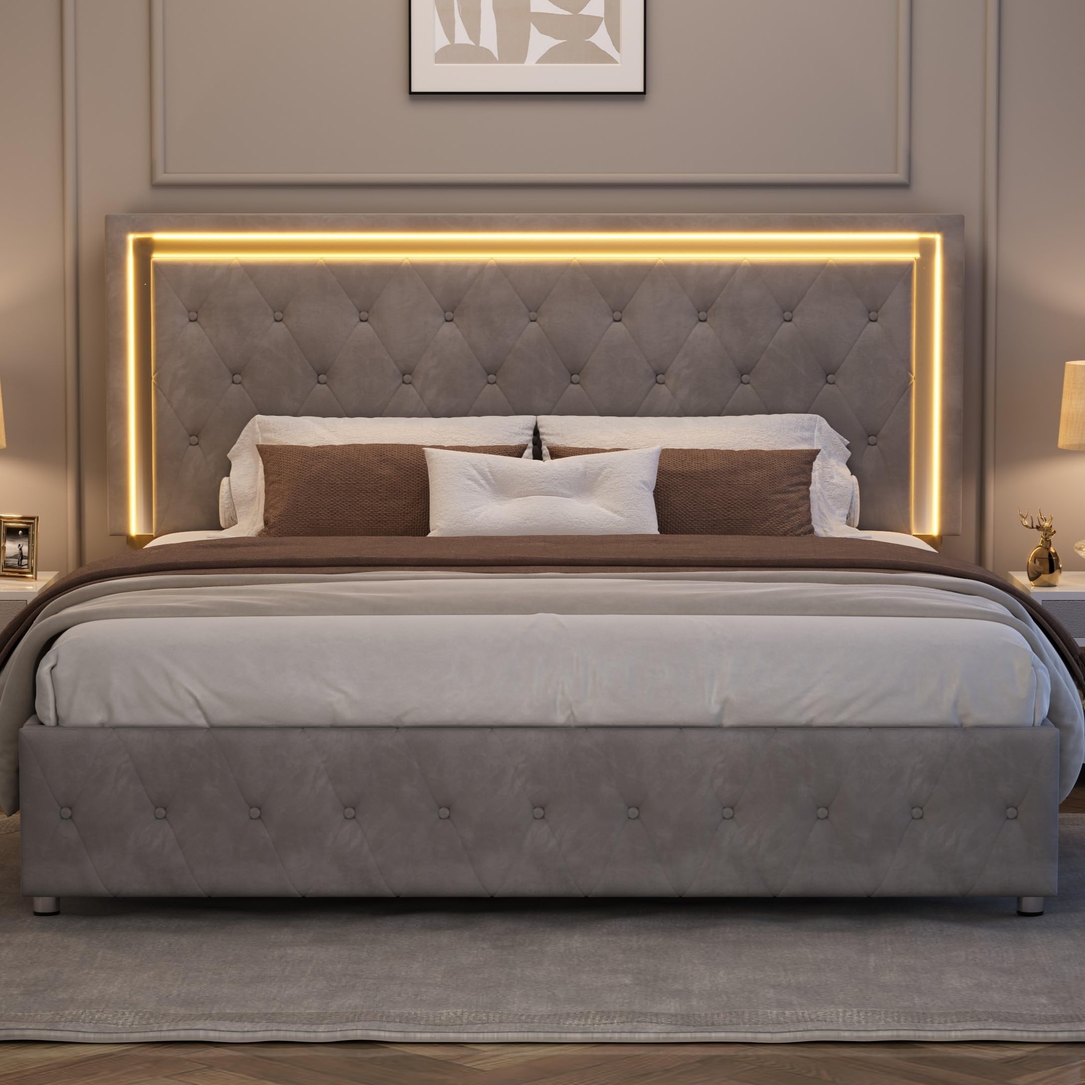 YUMPIE Queen Size Bed Frame with LED Lights, Upholstered Platform Beds with Button Tufted Adjustable Headboard, No Box Spring Needed, Velvet Grey