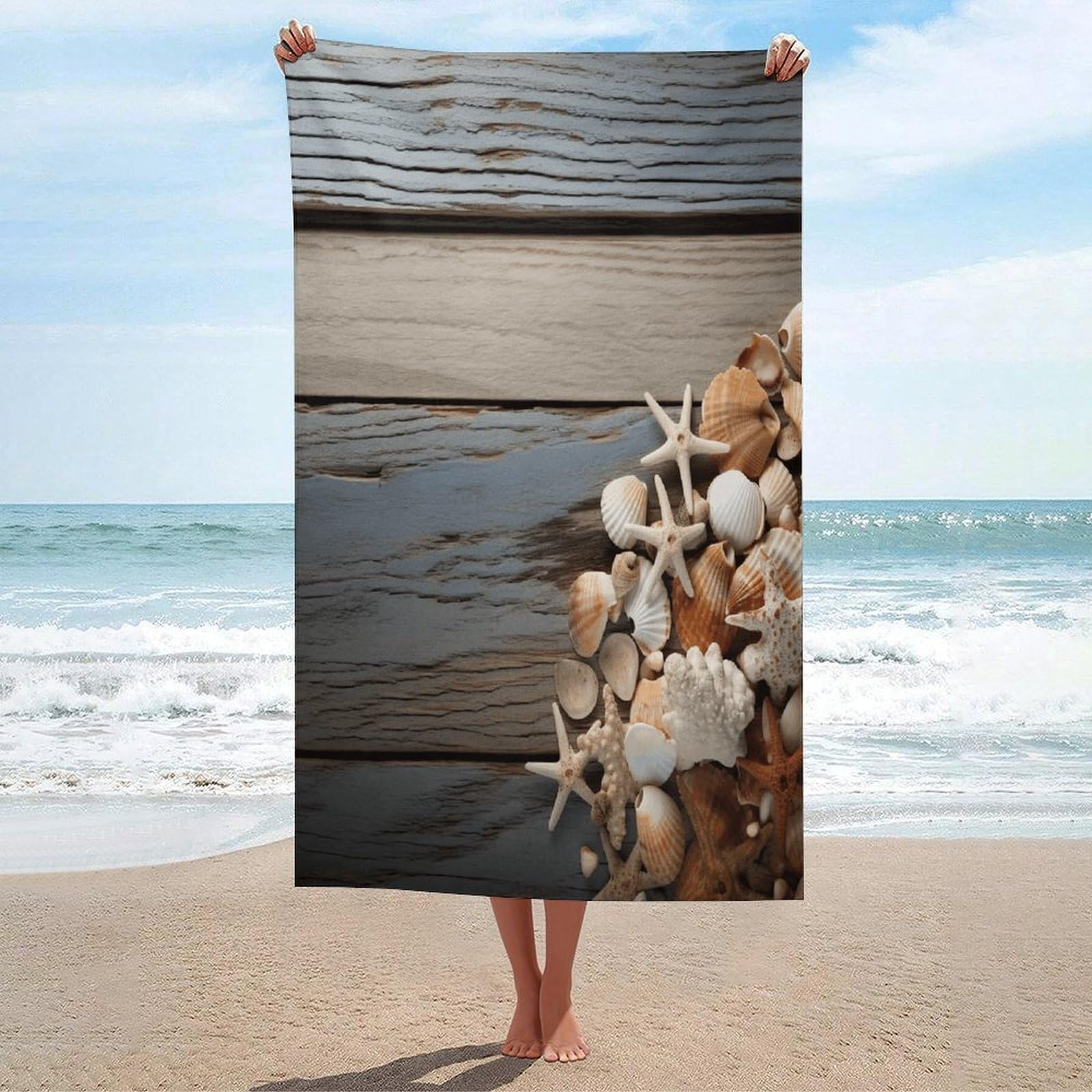 Adfgyerh Unisex Style Seashells On Wooden Board Bath Towels Beach Towel Lightweight Quick Dry, Bath Towel For Travel Sports Pool Swimming Bath Camping Yoga Adults130x80cm