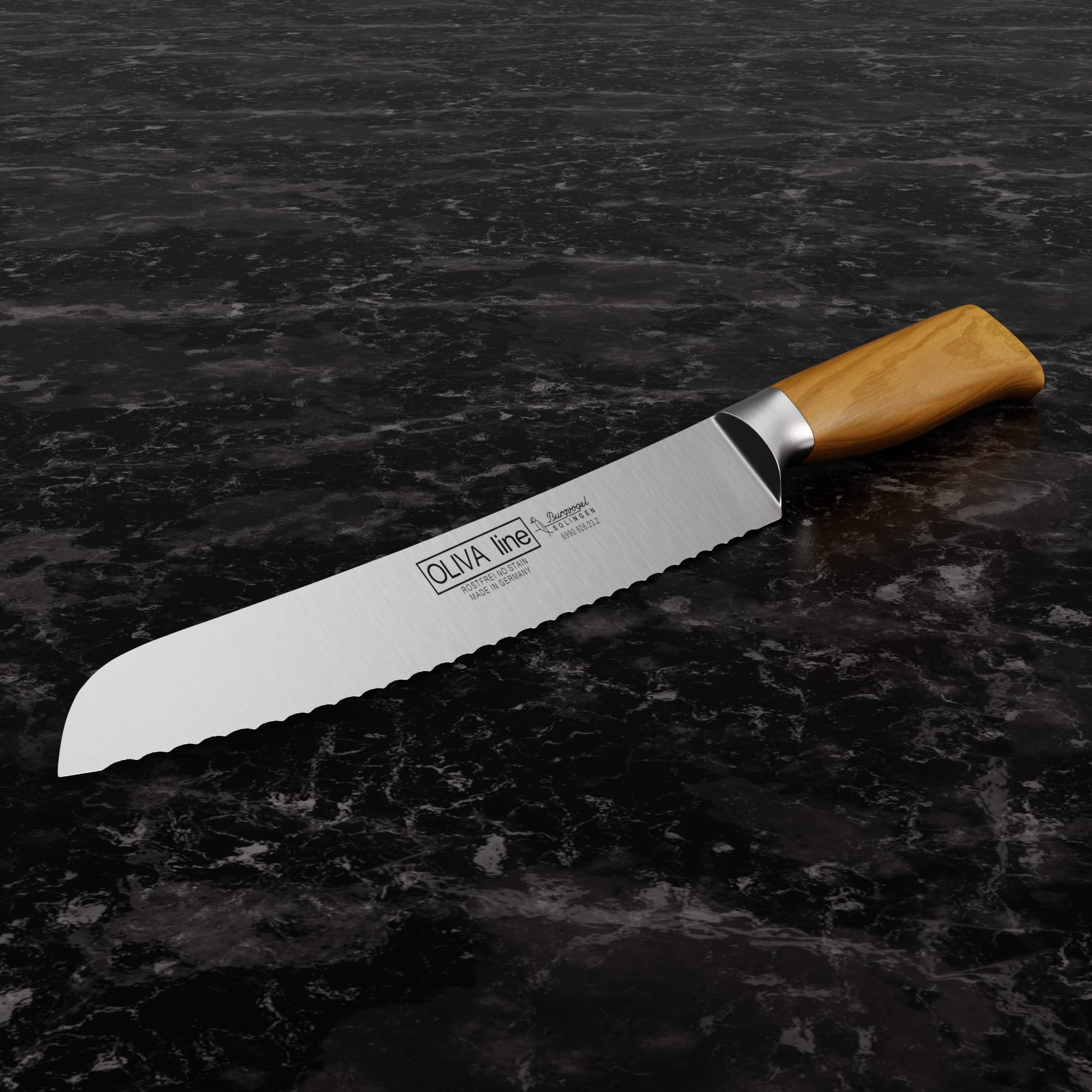 Burgvogel Solingen Brotmesser 23 cm geschmiedet Olivenholz, Oliva Line, Wellenschliff, rostfrei, hell, scharf, braun beige, 6990.926.23.2