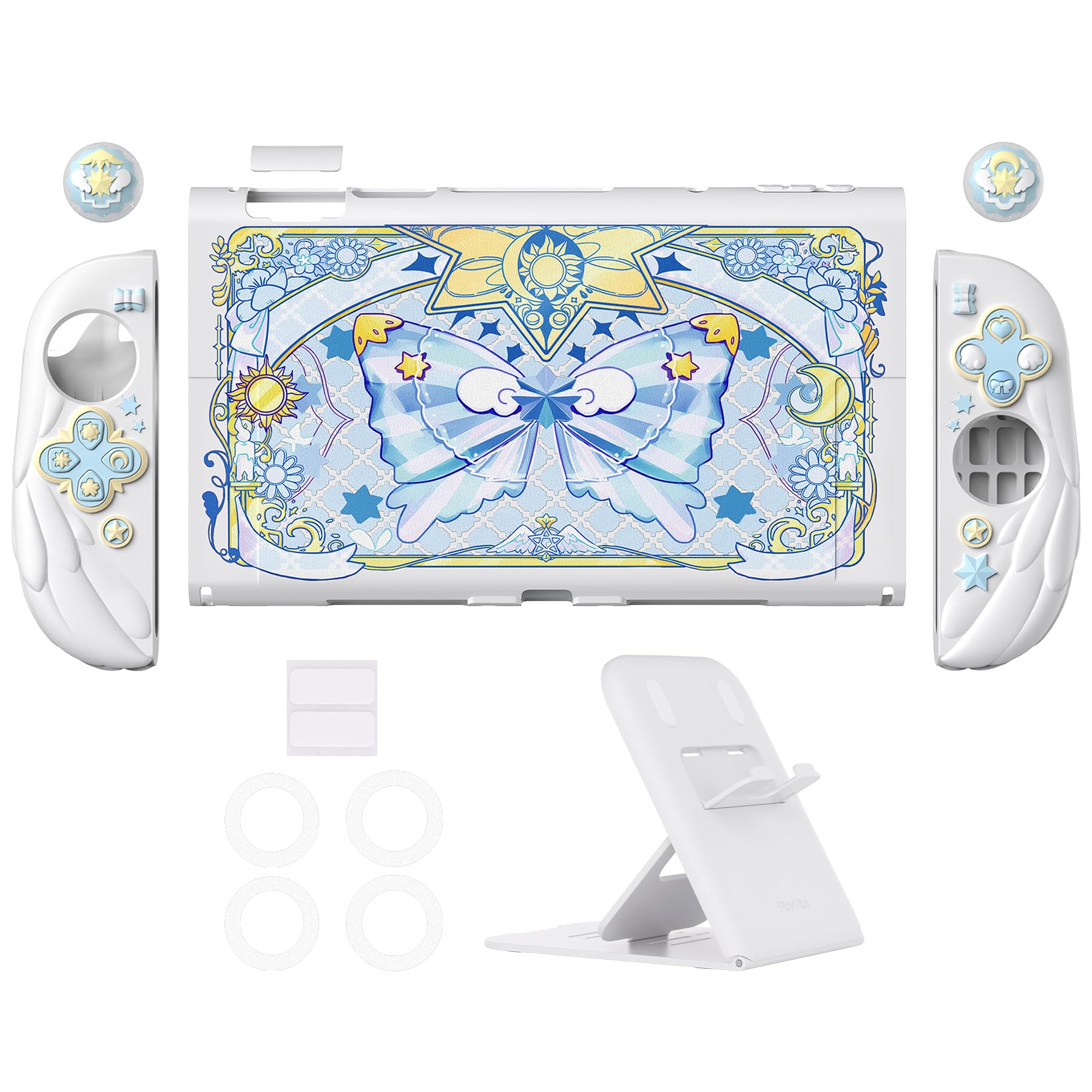 PlayVital Cover Silicone per Joycon 2, Custodia Protettiva Dockable Rigida per Nintendo Switch 2 Console&Supporto Regolabile Extra&Copri Analogici Carini, Anime Ali Magiche-Bianco