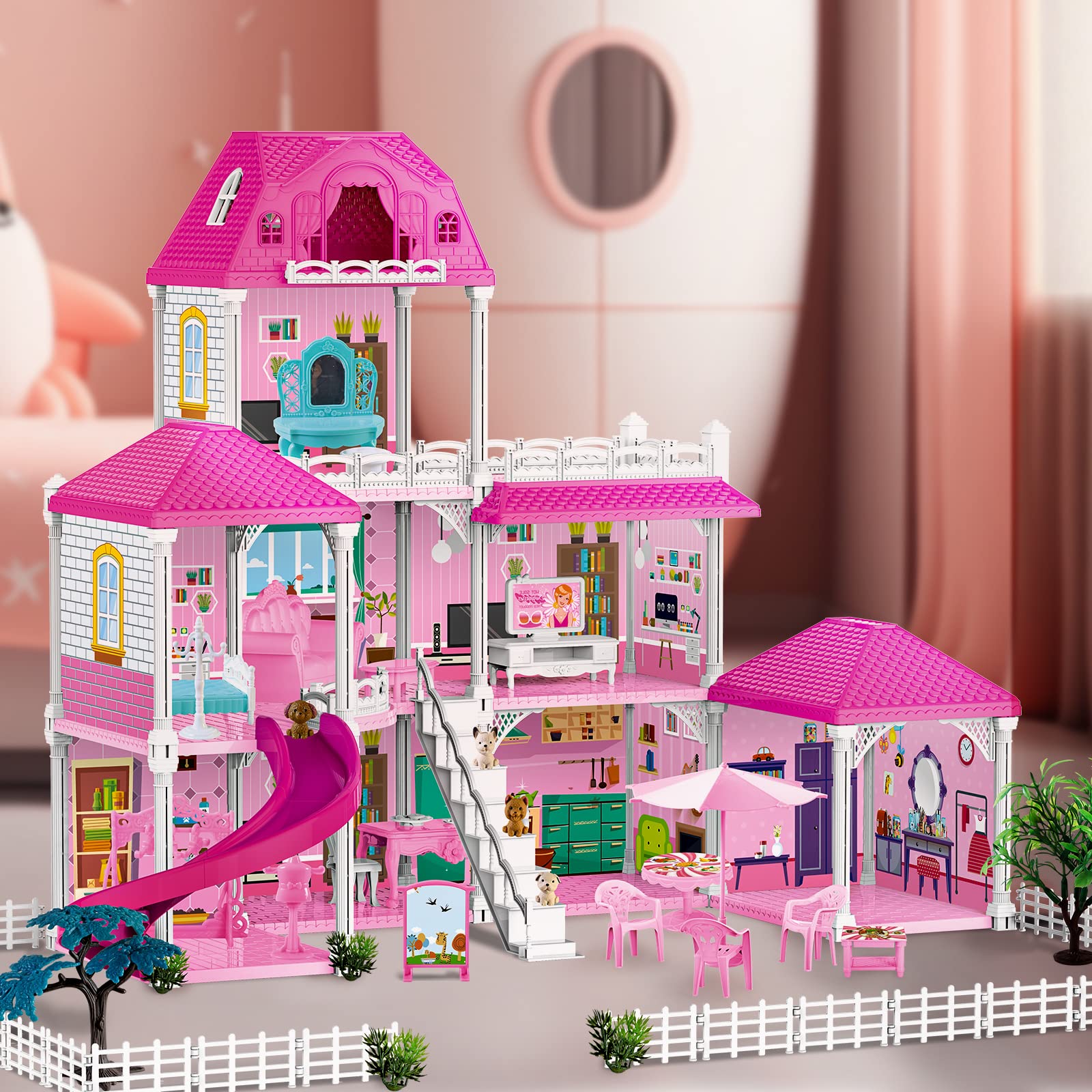 deAO Casa de Muñecas, 3-stöckige Grande Dream Doll House (83 * 52 * 63cm) con Accesorios 2 Muñecas, 4 Figuras Perros Miniatura, Muebles, Toboganes, Casita de muñecas para niñas(Dollhouse Plastico)