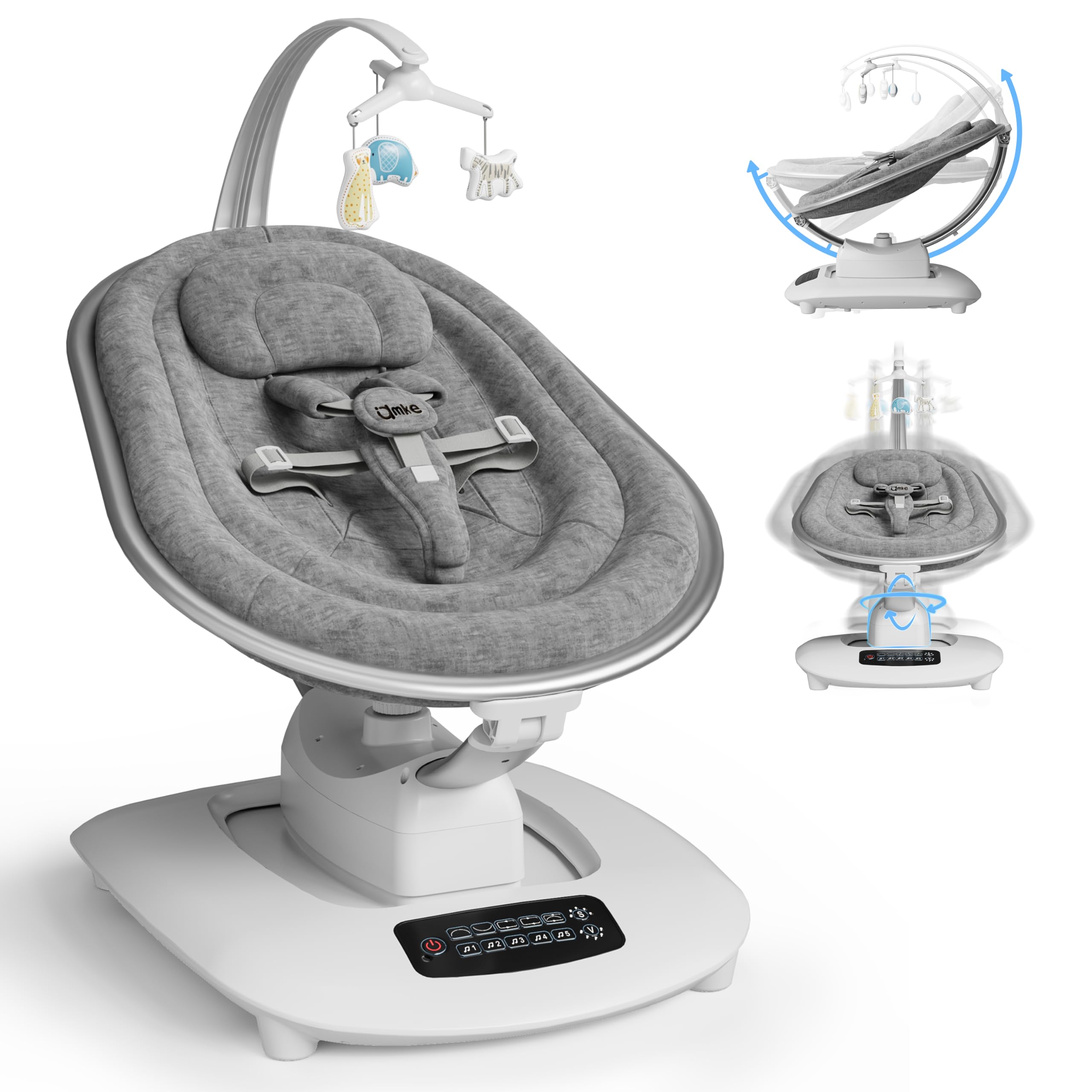 AMKE Luxury Electric Baby Swing for Infants, 45dB Quiet Dual Motor, 5 Swing Motions, Aluminum Frame, 3 Recline Positions, Touch Panel, 5 Preset Songs, Spine Comfort for Newborns Swaying