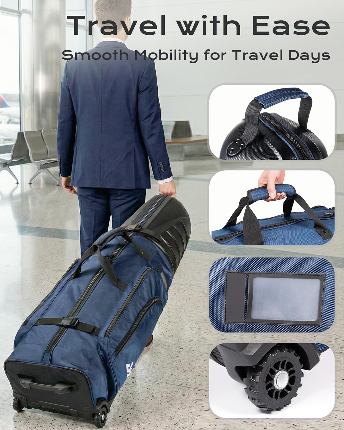 Golf Travel Bag for Airlines, ABS Hard Shell Top, 1680D Oxford Cloth, 4 Side Pockets, Two 4 Inch Wheels, Lockable Zippers, Foldable Club Travel Case - Image 6