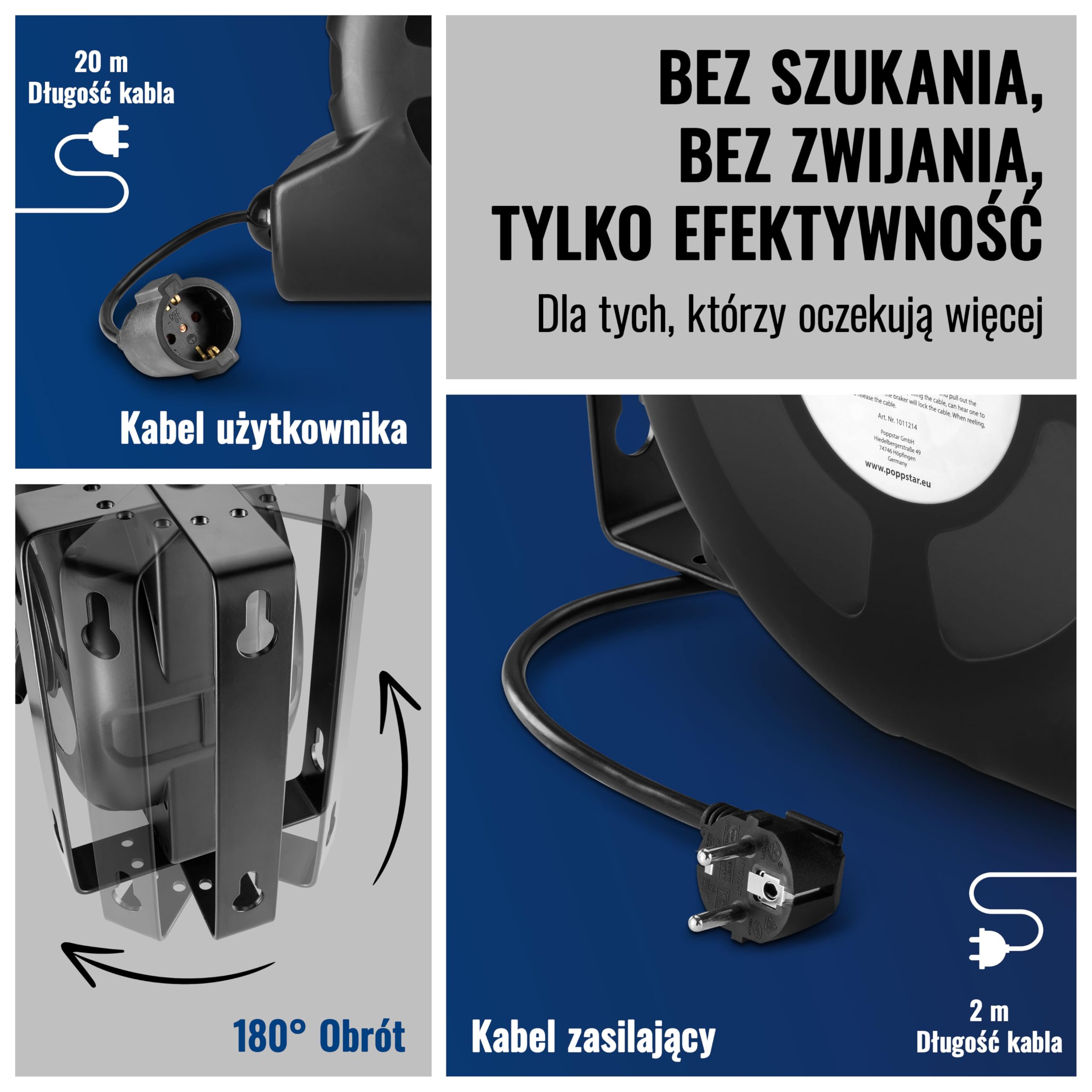 Poppstar automatyczny zwijacz kabli 20m + 2m (maks. 3000W), automatyczna szpulka kablowa samozwijająca IP20 ze wyłącznikiem termicznym