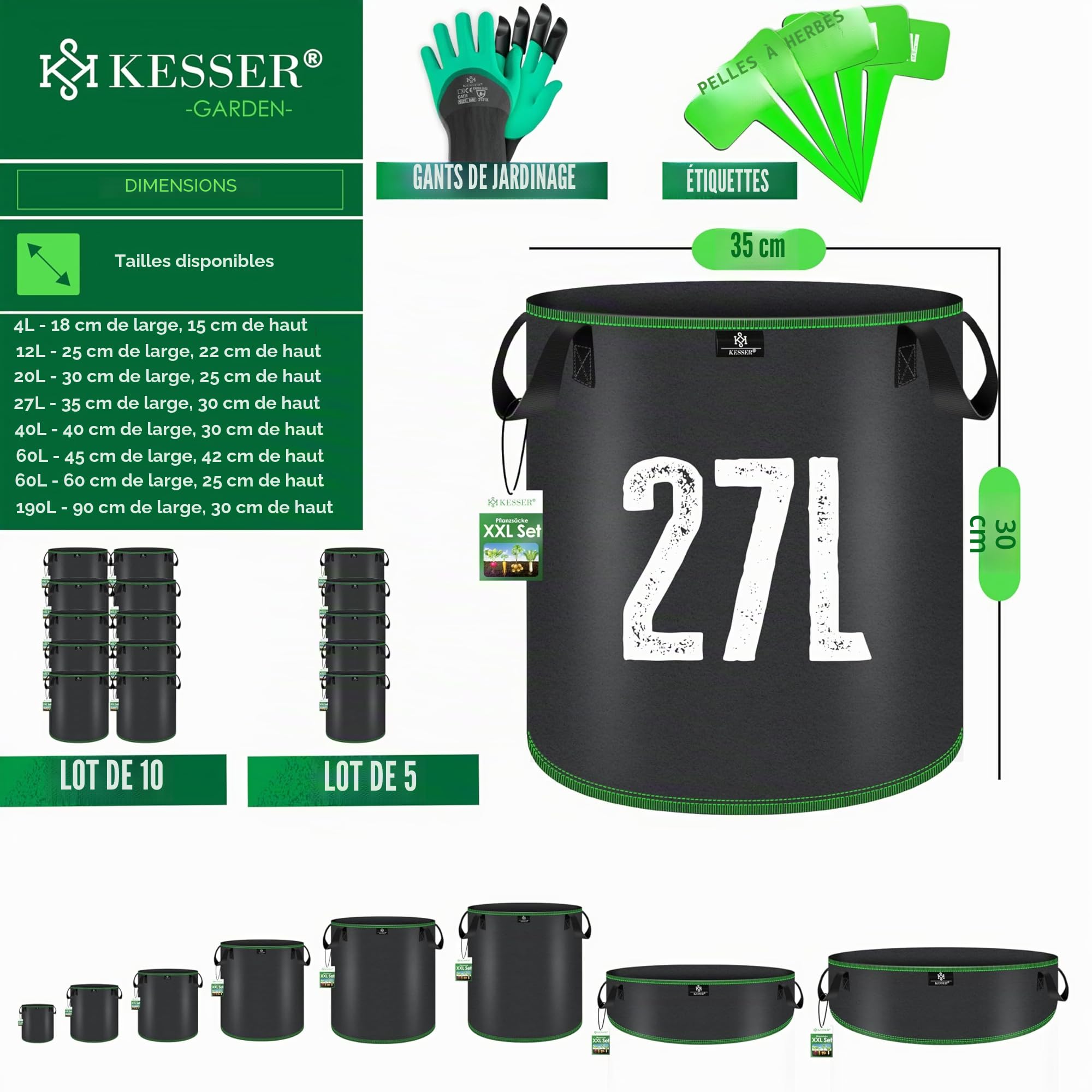 KESSER® Lot de 10 Sac de Plantation 27 litres | Sacs de Plantation en Tissu Non Tissé avec Etiquettes Nominatives | Sac de Plantation de Pommes de Terre avec Fenêtre & Poignées | Noir