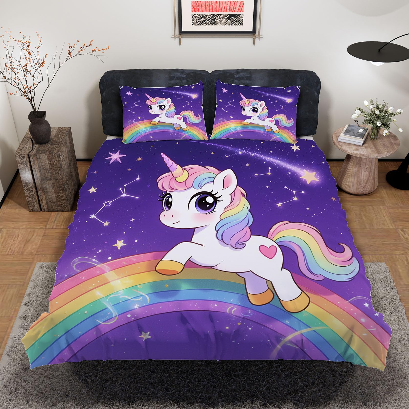 Housse de couette licorne 140x200 1 personne avec 2 taies d'oreiller arc-en-ciel