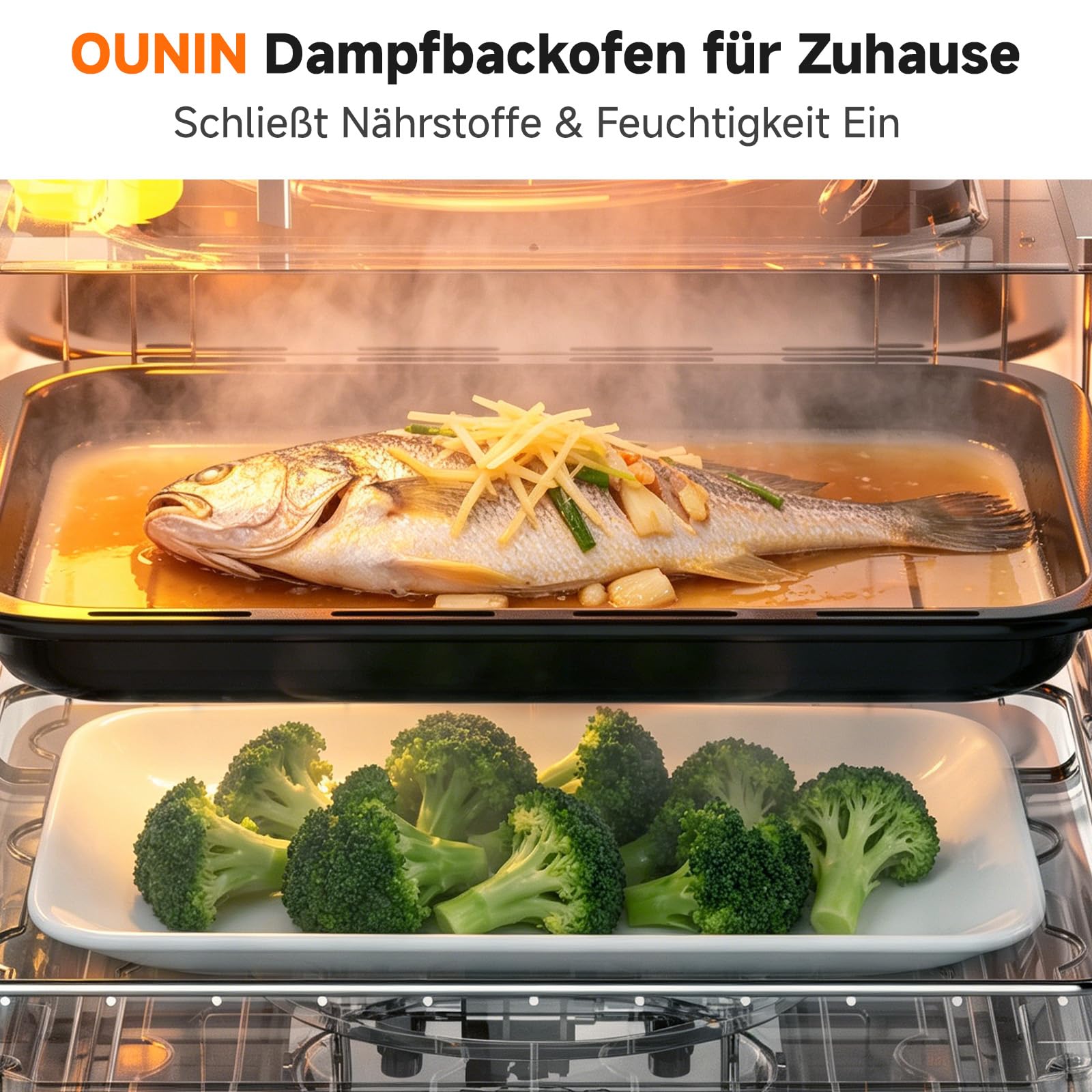 OUNIN 12L Multifunktionsbackofen, 8-in-1 Dampfbackofen und Heißluftfritteuse, Zweigaren, 360° Umluft, 1100W, Geeignet für Schweinehaxe, Bratwurst, Brathähnchen, Brotbacken, Fleisch und Gemüsedämpfen