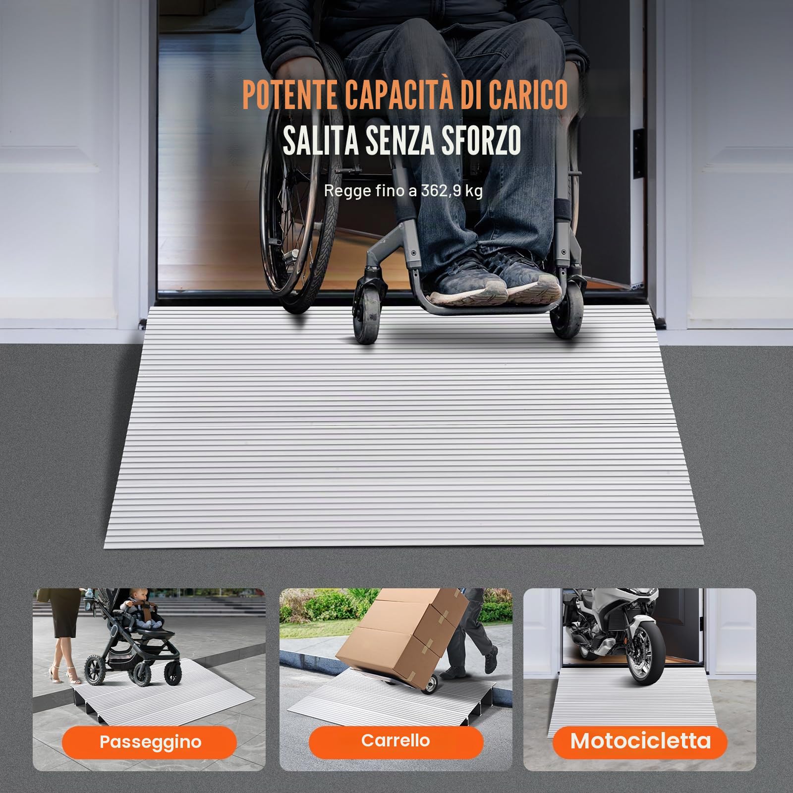 VEVOR Rampa per Soglia di Porta Capacità Carico max. 362,8 kg, Rampa per Soglia Modulare Regolabile, Rampa per Porta d'Ingresso Sedie a Rotelle, Rampa per Soglia in Lega di Alluminio Altezza 10,2 cm