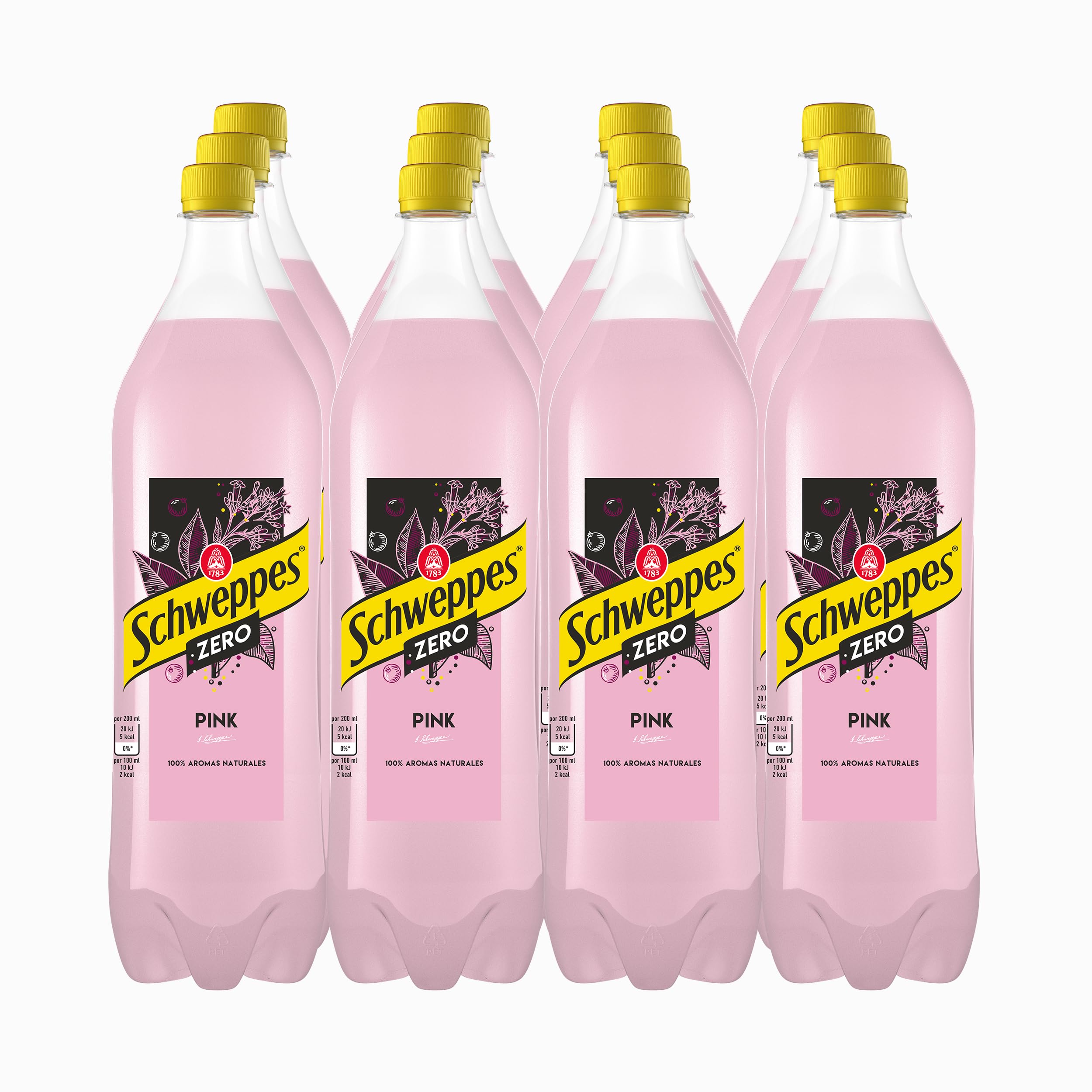 Schweppes Tónica Pink Zero, Sin Azúcar ni Calorías, Bebida Refrescante - Botella PET, Pack 12 x 1 L