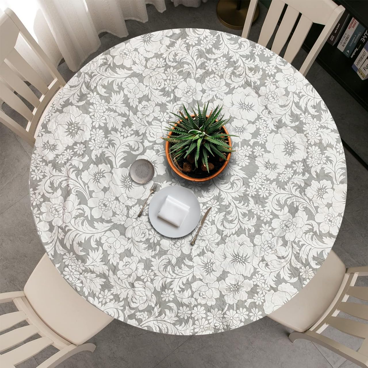 GRISHAWaterproof Round Tablecloth,Elastic Edged Fitted,Oilcloth,PVC,Wipeable,Outdoor circular plastic cover. (Grey Flowers, 114x142cm)