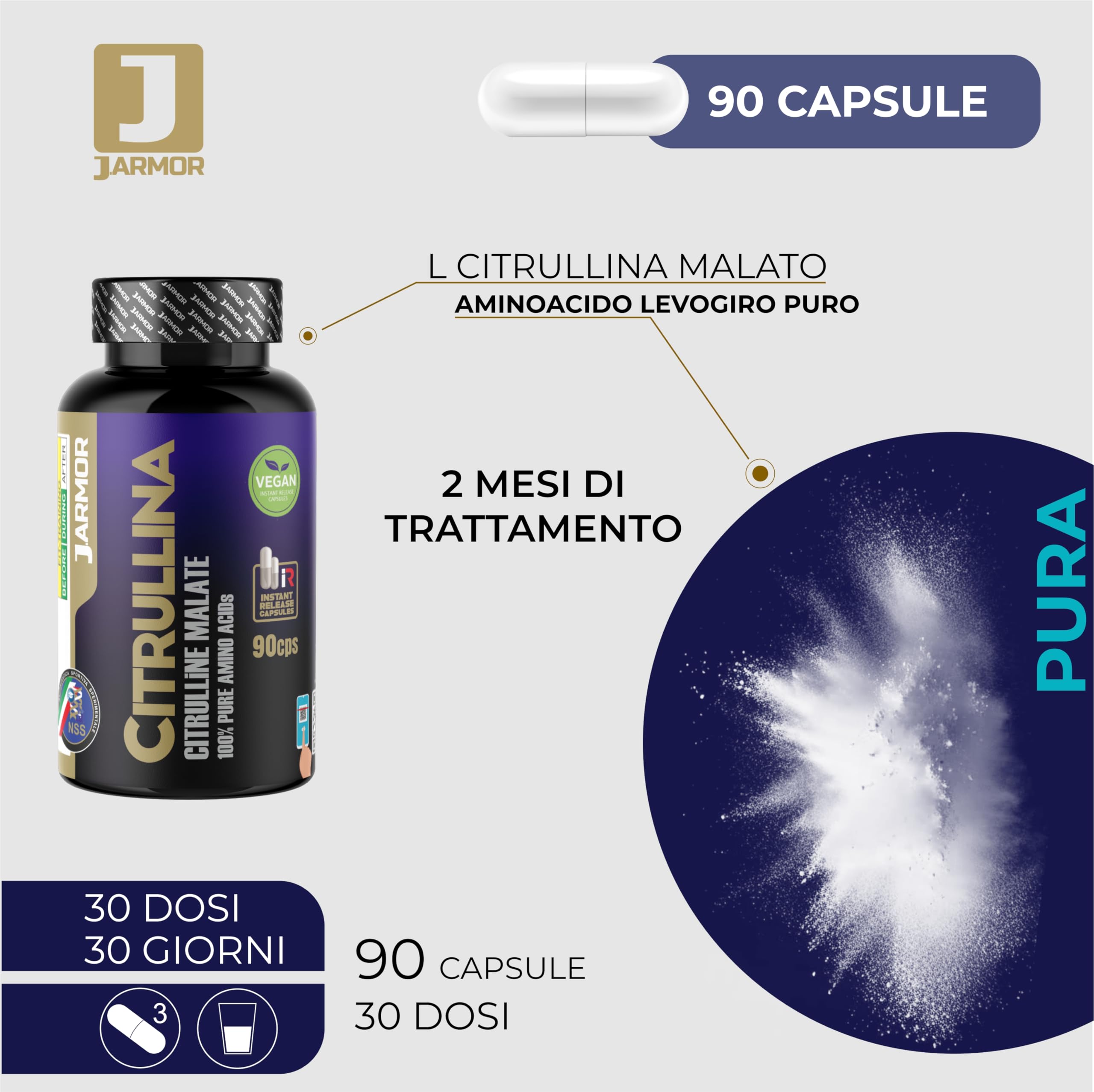 Citrullina Malato Integratore – 90 Capsule Vegane, 1000mg per Capsula (3000mg per Dose) – Pre-Workout Potente per Energia e Performance – Booster di Ossido Nitrico per Uomo e Donna
