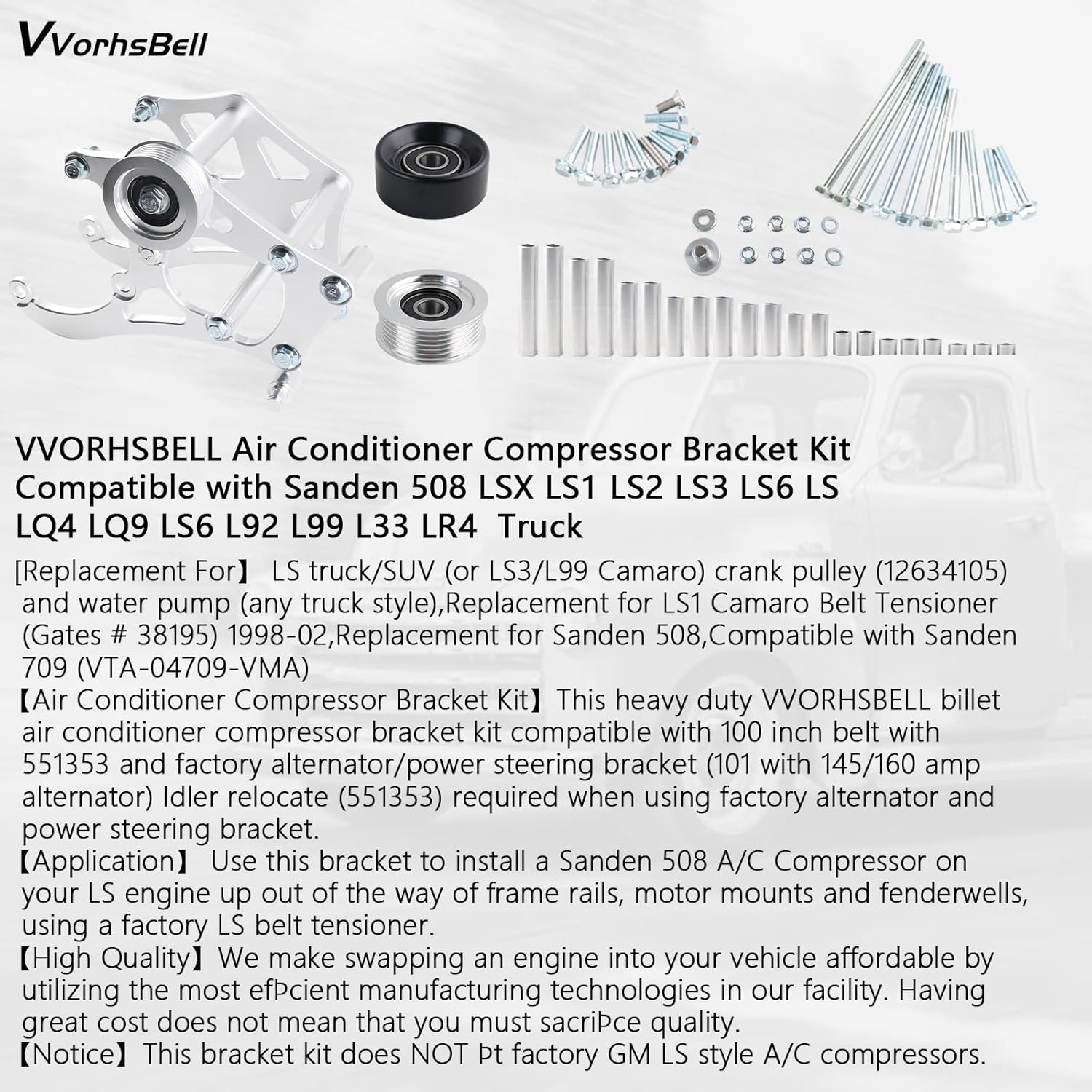LS Air Conditioner Compressor Bracket Kit,Compatible with Sanden 508L SX Camaro LS1 LS Engine LM7 LR4 LQ4 L59 LQ9 LM4 L33 L92 L76 LY2 LY5 LY6 LC9 LH8 LMG L98 L99 L96 LC8