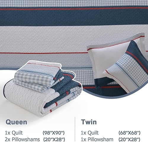 Miniatura 5 de Finlonte Juego de edredón tamaño individual, bonito diseño de rayas azul marino y blancas para niños y niños, colcha ligera de algodón,