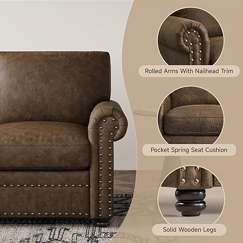 Miniatura 3 de ONBRILL Sofá de piel sintética, sofá con ribete de cabeza de clavo de 84 pulgadas para sala de estar, sofá moderno de mediados de siglo con brazos