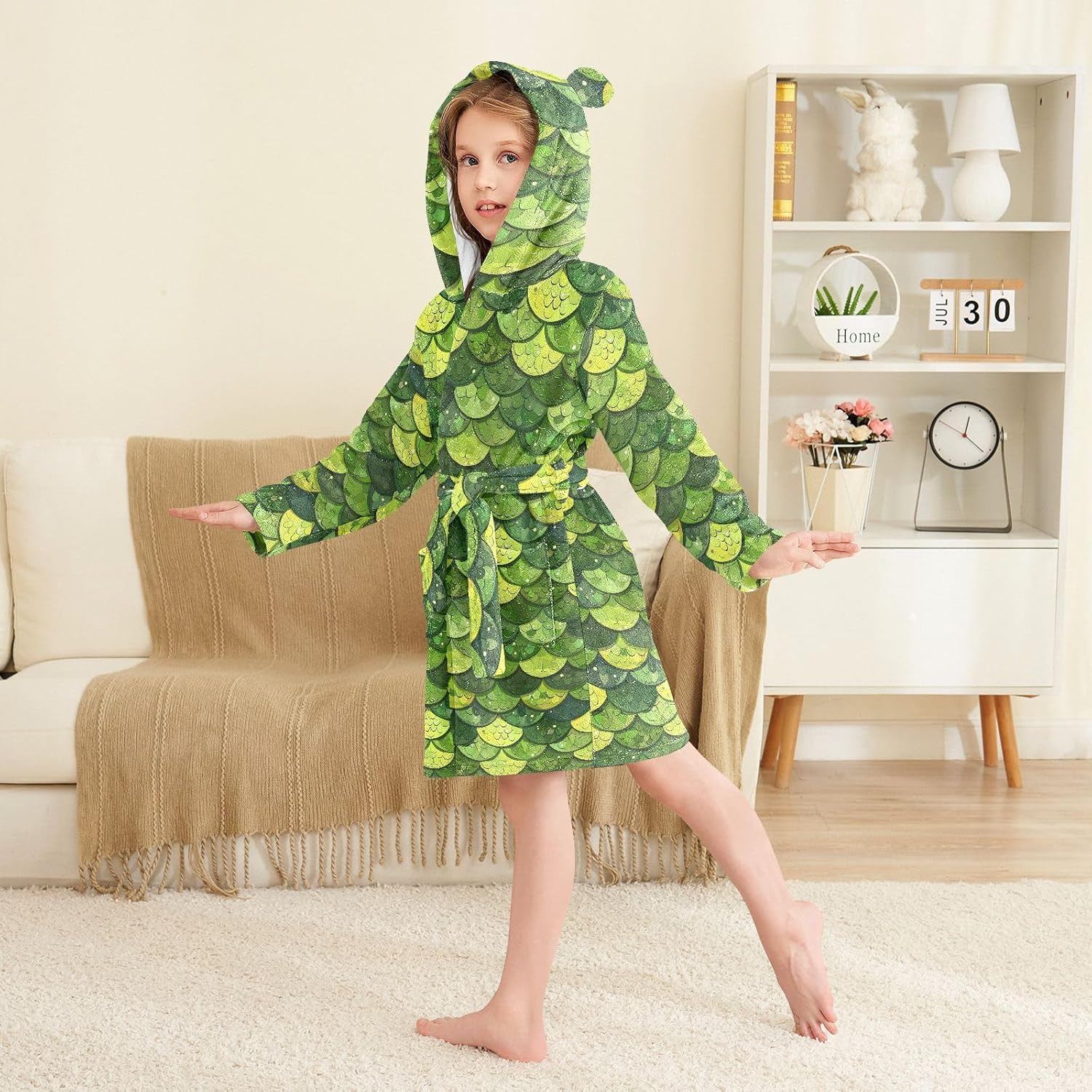 senya Green Dragon Scales Toddler Hooded Bathrobe Kids Soft Plush Bath Towel Robes for Boys Girls 2-12 Years