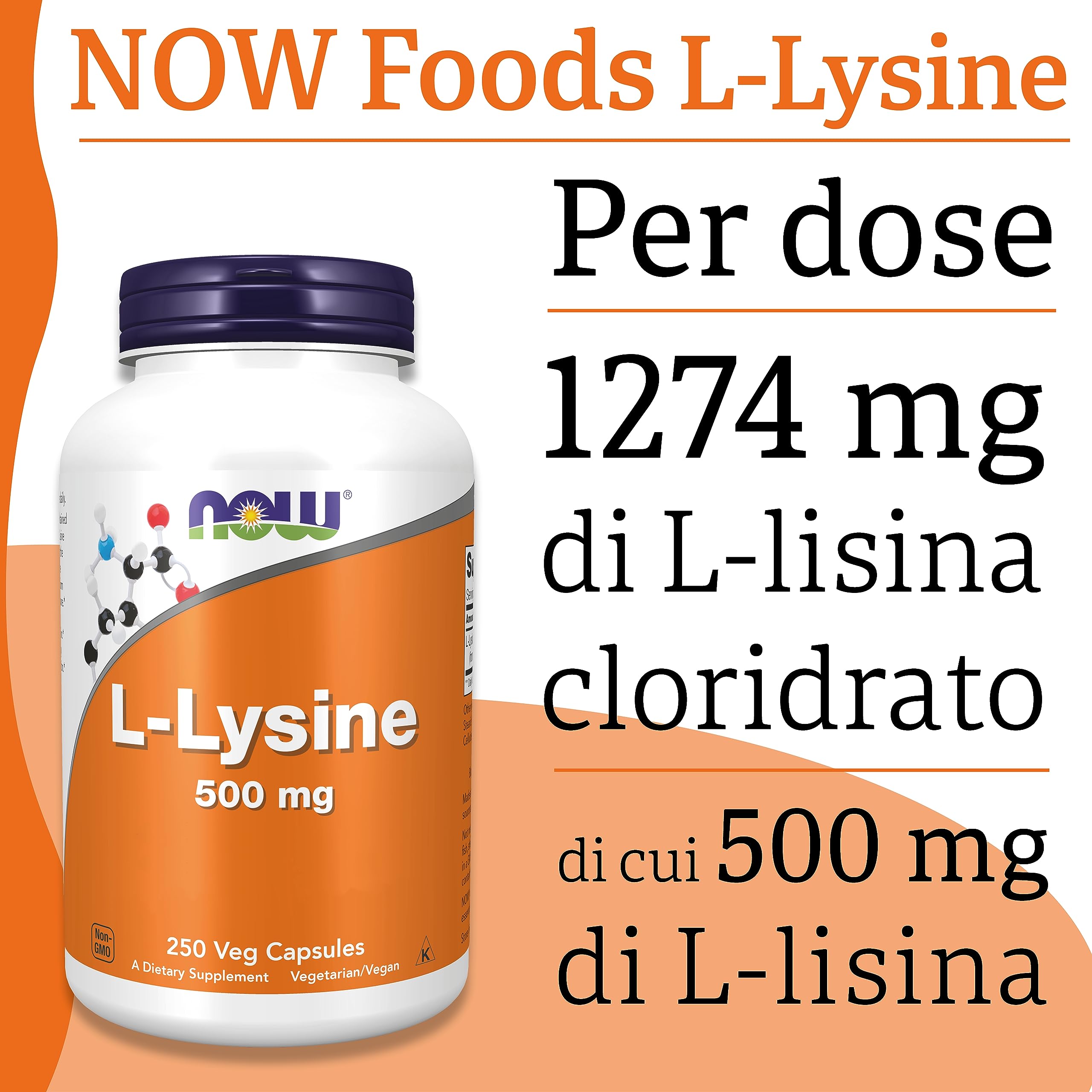 Now Foods, L-lisina, 500 mg, 250 capsule vegane, aminoacido