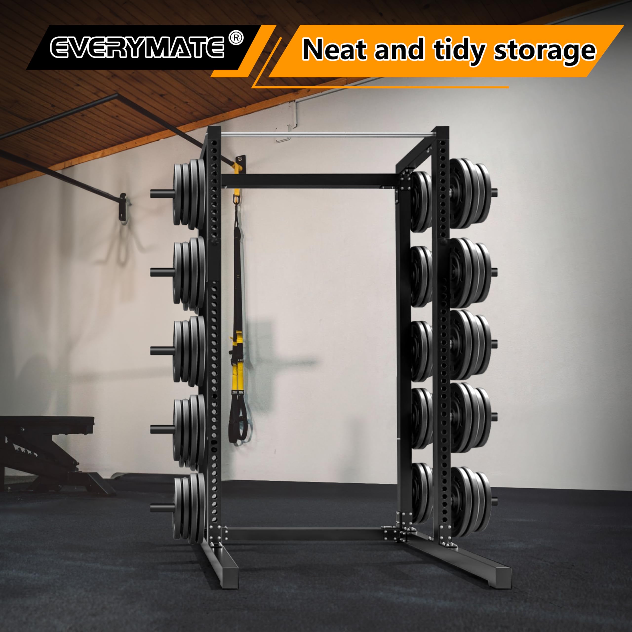 EVERYMATE Estante de almacenamiento para placas de peso, soporte olímpico para discos de peso, almacenamiento de placas de parachoques, organizador de gimnasio en casa