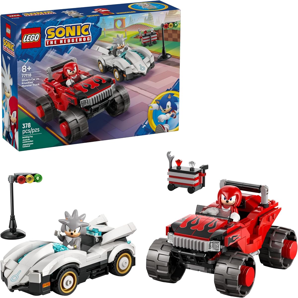 Sonic the Hedgehog Silver’s Car vs. Knuckles’ Monster Truck Building Toy for Boys & Girls - Racing Playset W/Silver & Knuckles Minifigures for Kids, Ages 8+ - Gift Idea for Birthdays - 77118