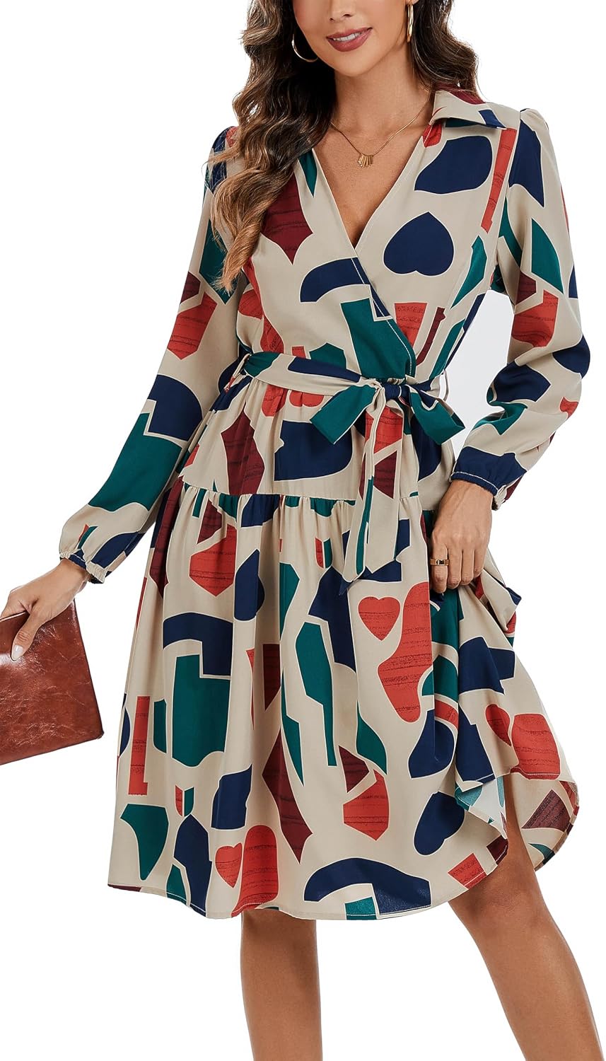 Kormei Women Floral Fall Long Sleeve Casual Mini Dress V-Neck A-Line Flowy Semi Formal Party Dresses with Belt - Image 2