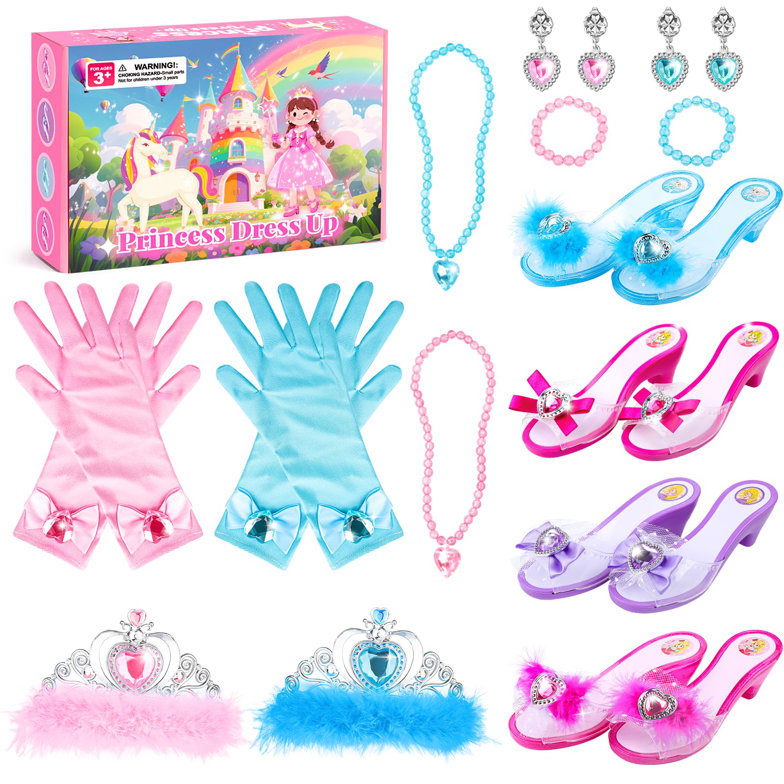 Girls Princess Dress Up Shoes and Jewelry Boutique DISHIO Upgraded Princess Shoes and Accessories with 4 Pair of Princess Play Shoes and Jewelry Set for Toddlers Little Girls Aged 3-6