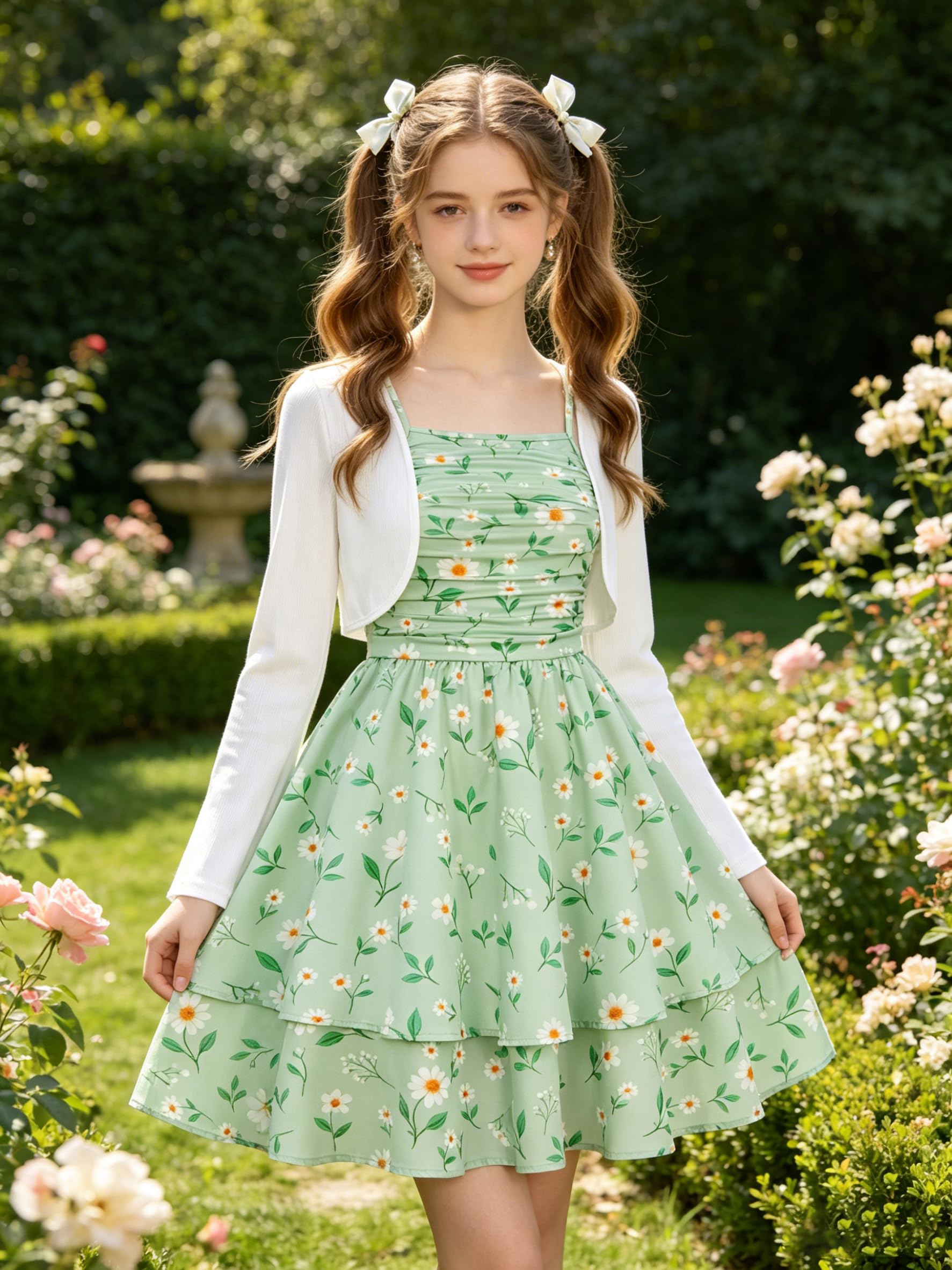 ALISISTER Mädchenkleid mit Blumenmuster, Größe 36-44, doppellagiges Kleid mit ausgestellten Ärmeln, Cardigan