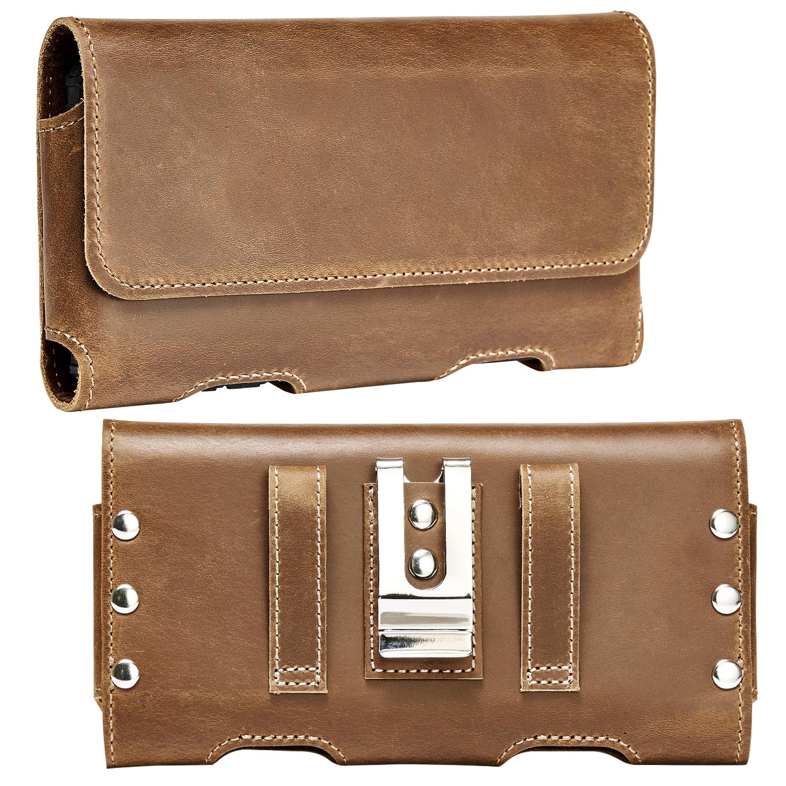 BECPLT iPhone Pro Max Phone Pouch - Galaxy S24+ + S23+ S22+ S24 FE Belt Clip Holster - Genuine Leather - Yellowish Brown