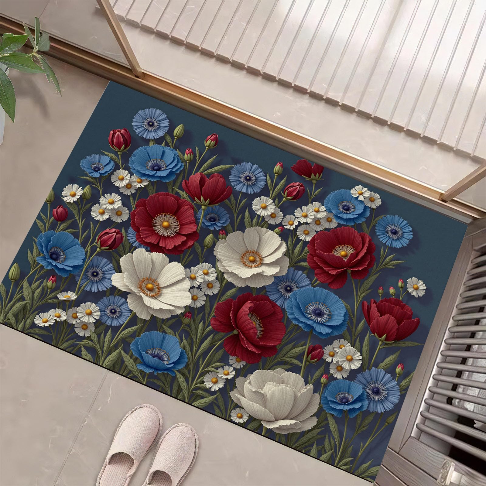 Tapis de cuisine antidérapant lavable en machine paillasson entree fleur bleu