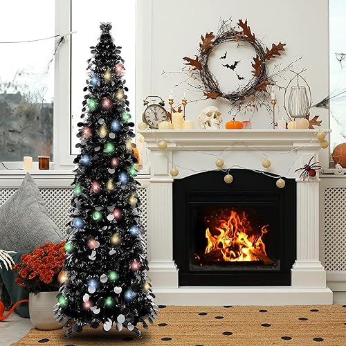 Miniatura 6 de Árbol de Navidad de 5 pies con 50 luces de colores, árbol de Navidad artificial plegable, oropel delgado, árbol de Navidad para el hogar,