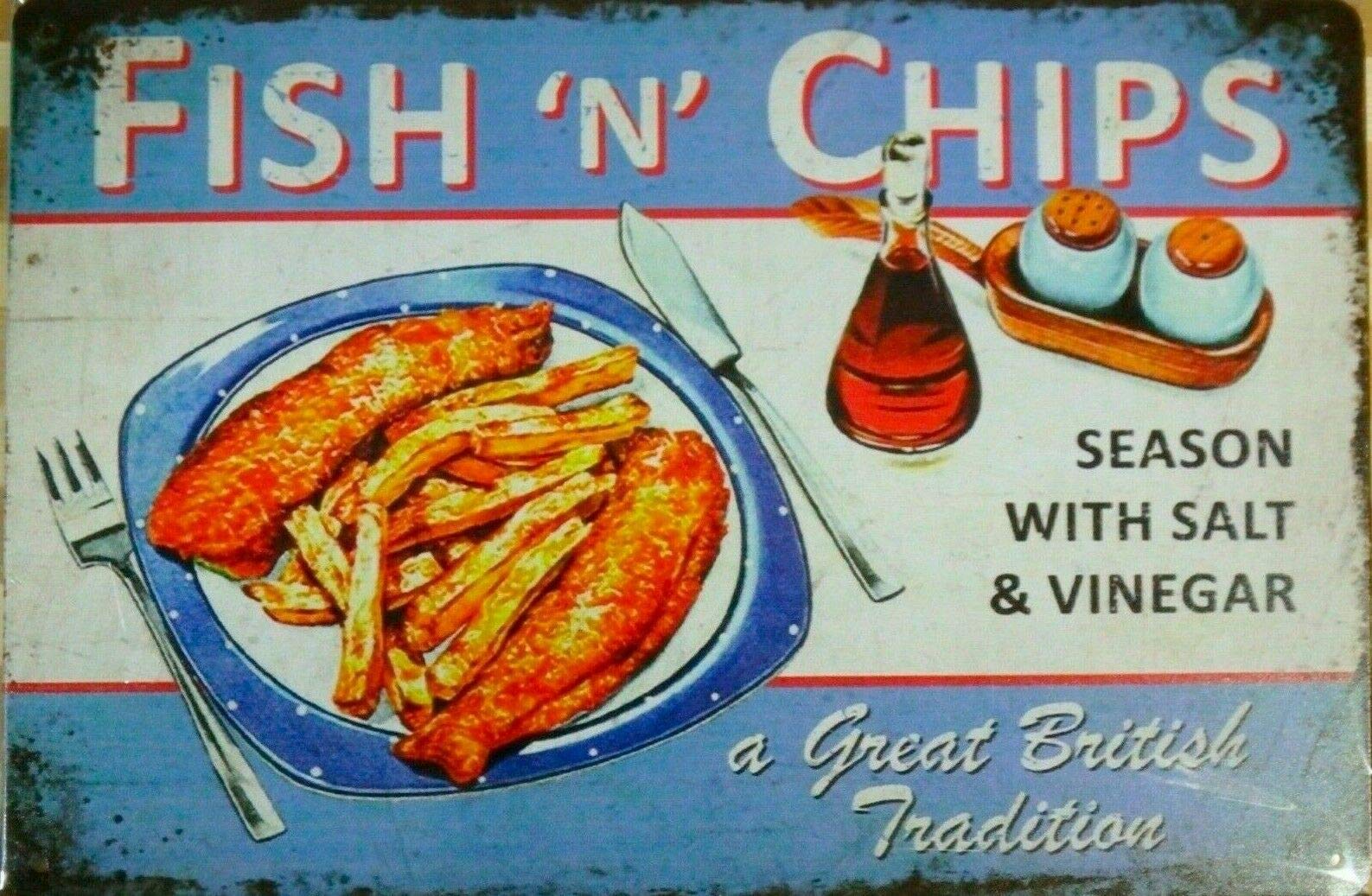 Kueprae A220 Fish 'N' Chips Mowers Tin Metal Sign Man Cave 12X8 Inches