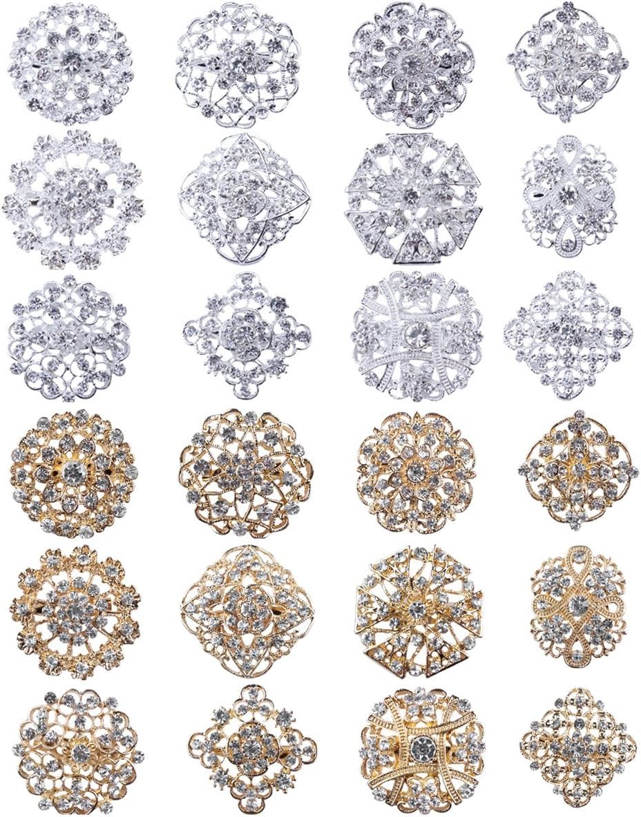 Brooches and Pins for Women, Gold or Silver Color with Rhinestone Crystal Flower Brooch Pins for Wedding Bouquet Party Decoration Broaches Set