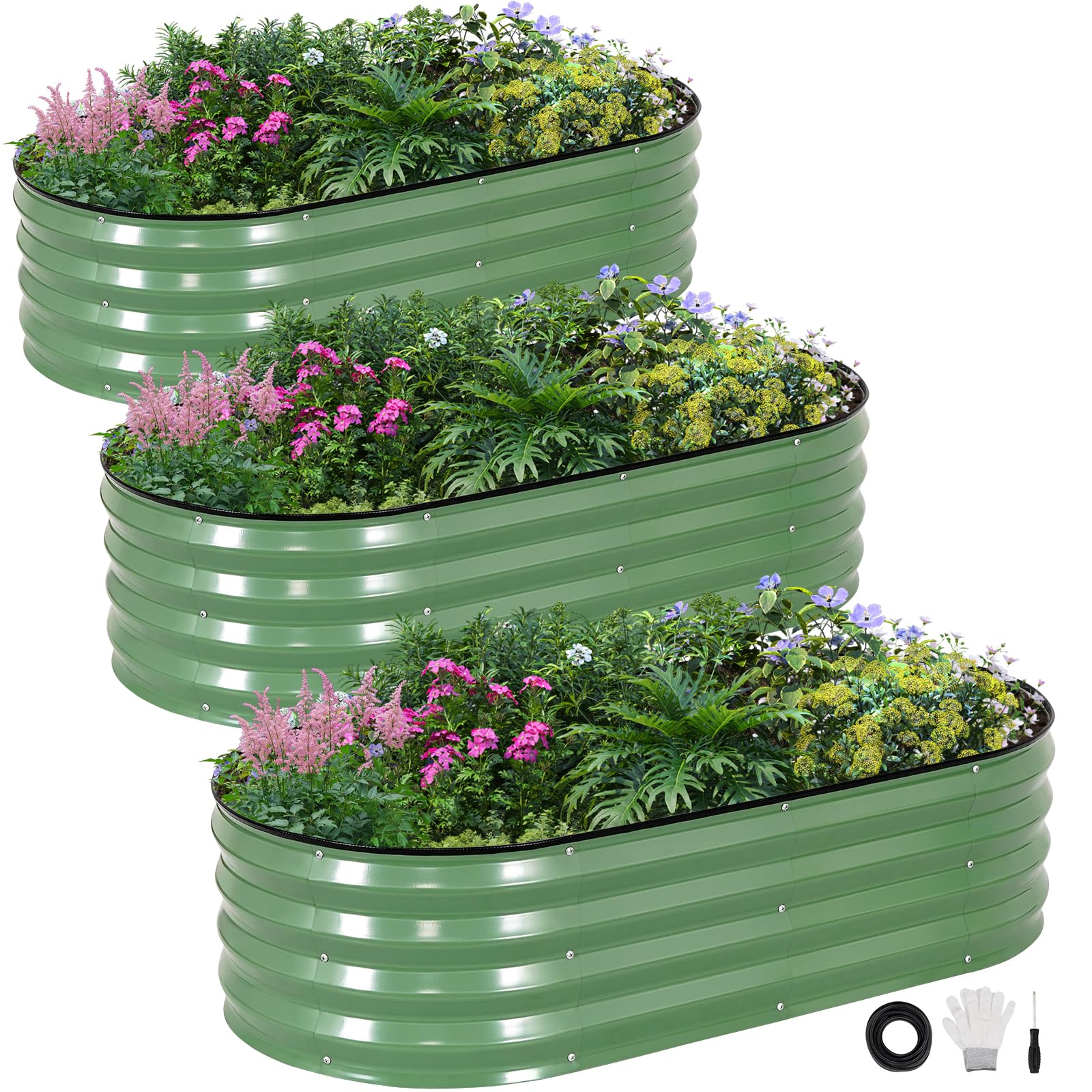 INNO STAGE 3Pcs Galvanized Raised Garden Bed Kit, Outdoor Metal Raised Garden Beds for Vegetables, Rust-Resistant & Easy Assembly, 4x2x1ft Oval Raised beds for Gardening, Flowers, Herbs (Olivergreen)