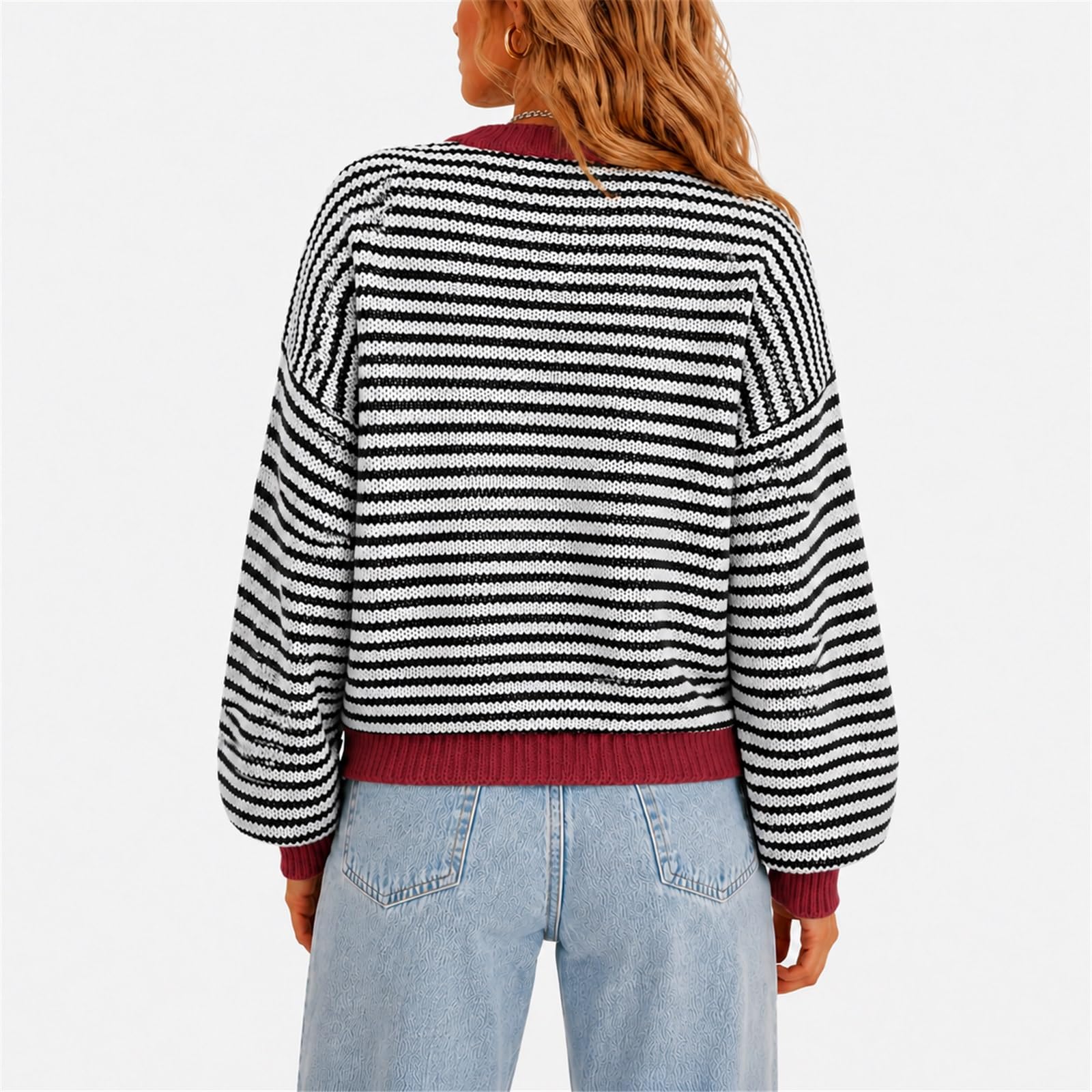 Strickjacke Damen Kurz Cardigan Gestreift Jacke Rundhalsausschnitt