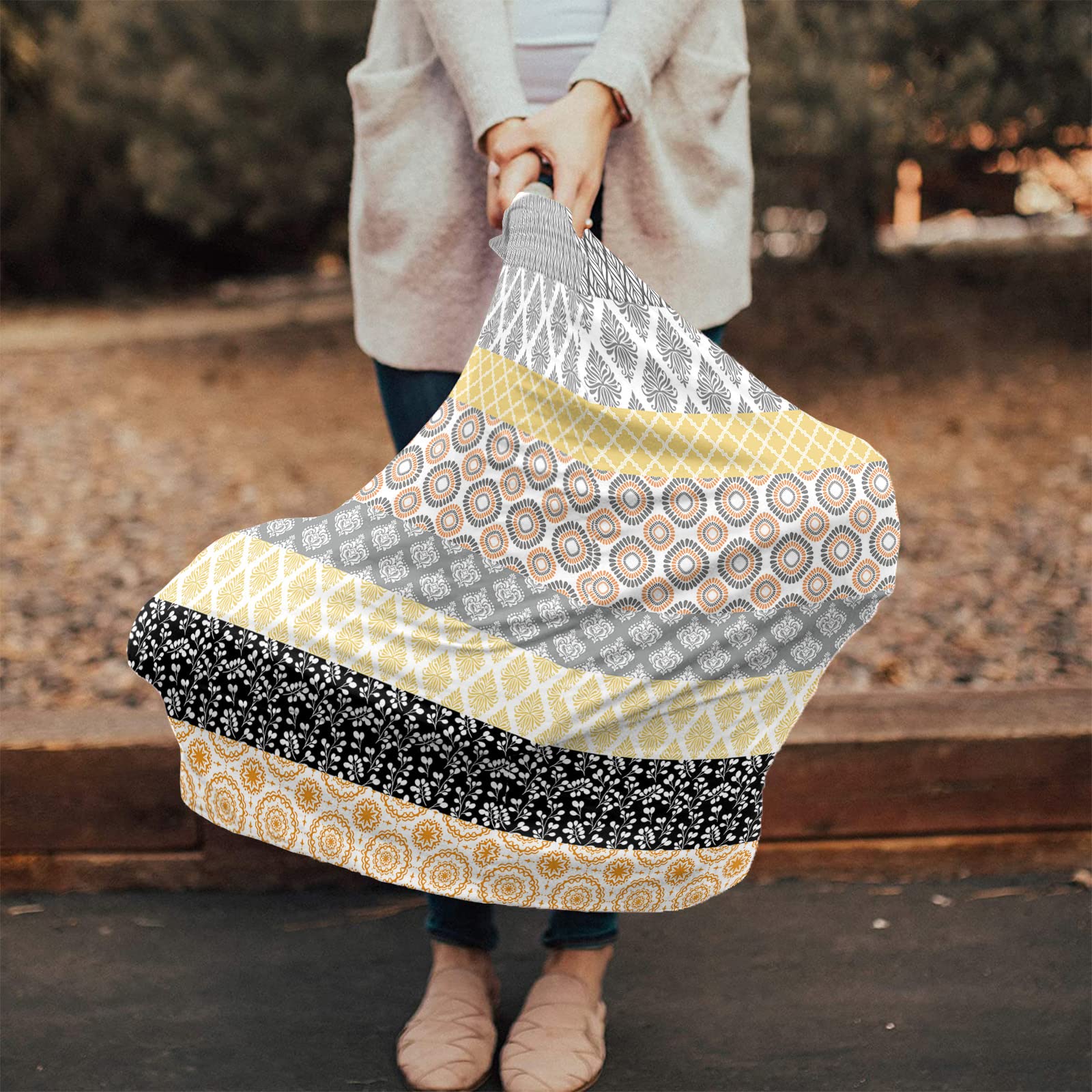 Nursing Cover for Breastfeeding Scarf, Bohemian Yellow Grey Geometric Stripe Baby Car Covers Super Soft Multi Use for Canopy Shopping Cart Cover Blanket Stroller Cover