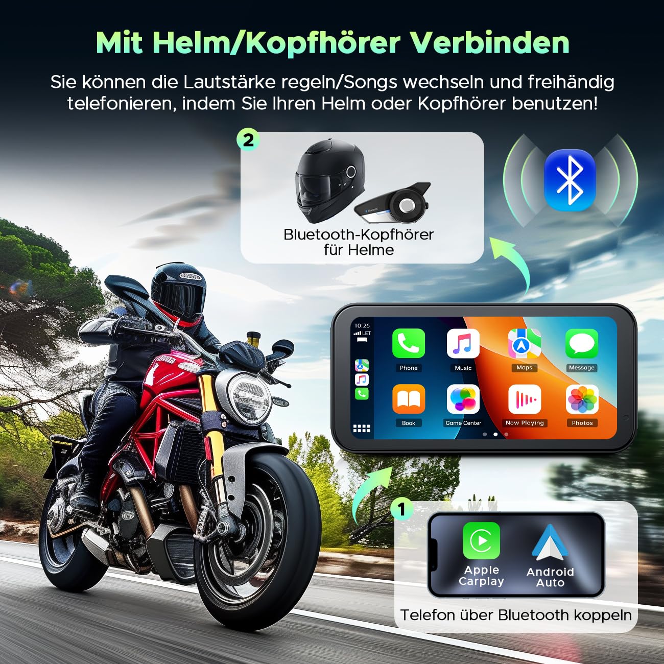 Lamto Senza Fili Schermata Carplay Per Moto, Schermo Carplay GPS da 6,25 Pollici, Stereo Portatile CarPlay Senza Fili & Android Auto Per Moto, IP67 Impermeabile Touchscreen, Bluetooth, Siri, G00gle