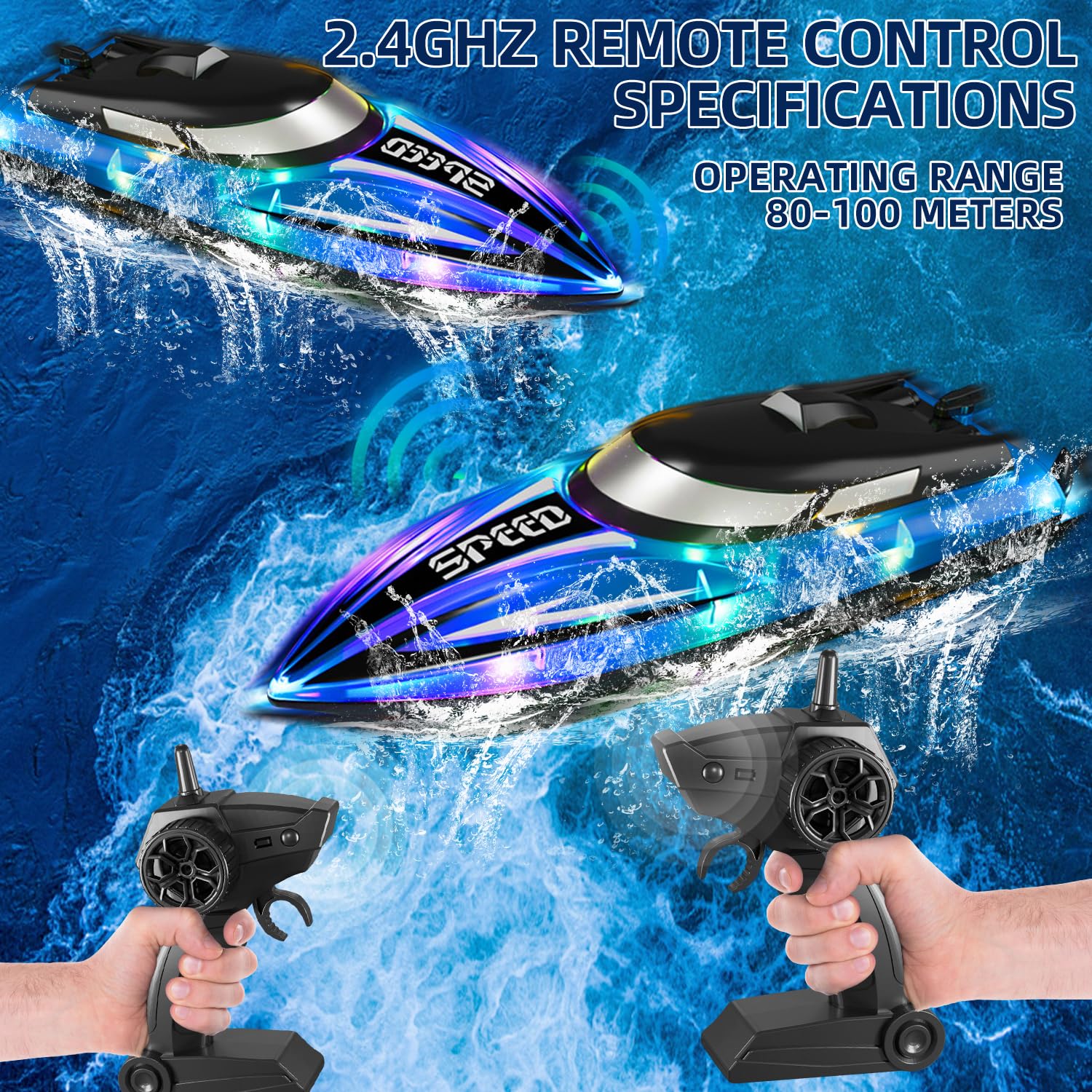 Barco teledirigido Rose con iluminación LED – Control 2,4G motorizado, impermeable y antivuelco – Lancha para niños, incluye 2 baterías