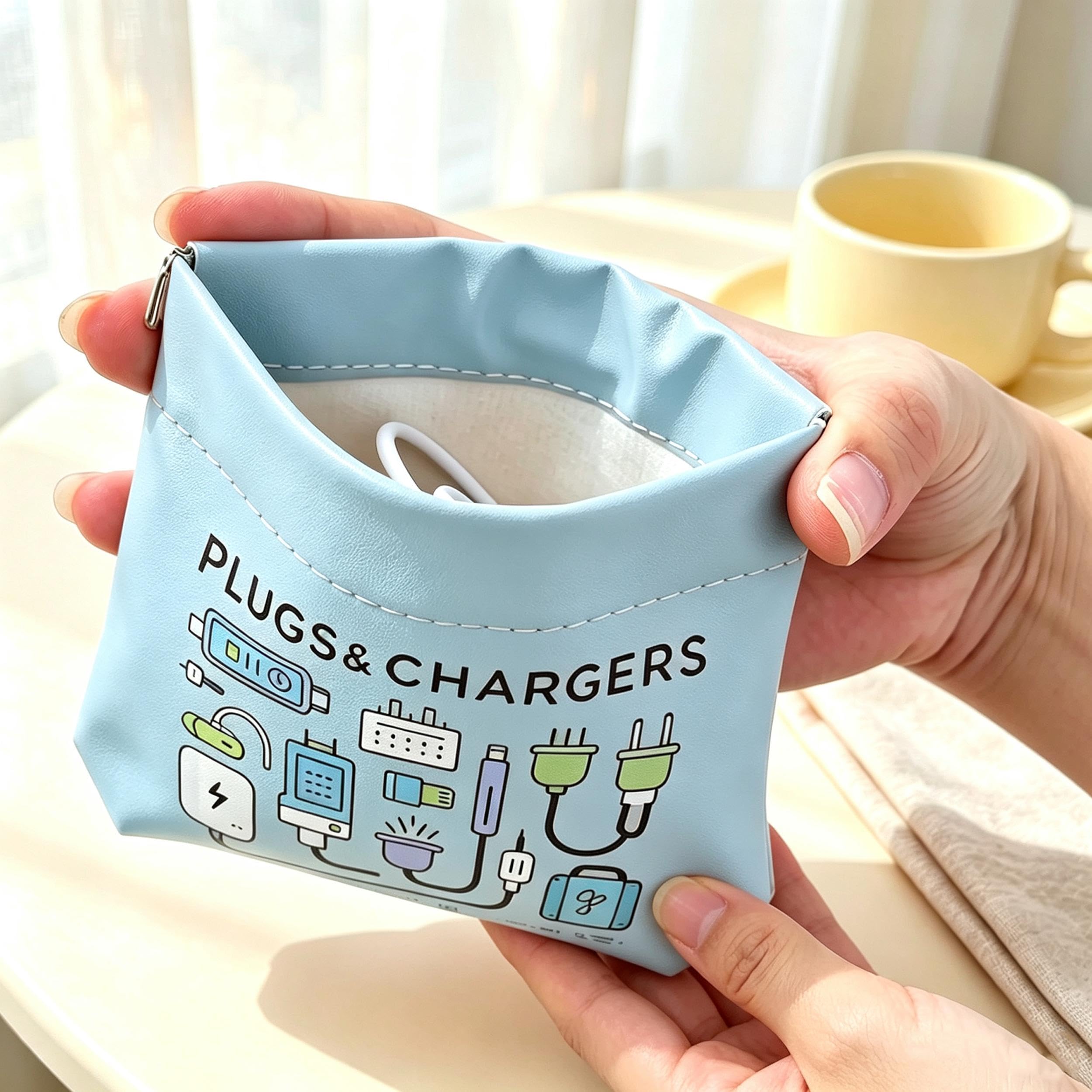 Plugs Cable and Charger Bag Pouch Leather Portable Charger Organizer Blue | Travel Pouch for Electronics Accessories Ear Phone Case Pouch Mini Wire Cord Usb Storage Bag for Earphone Wrap Silicone Ties