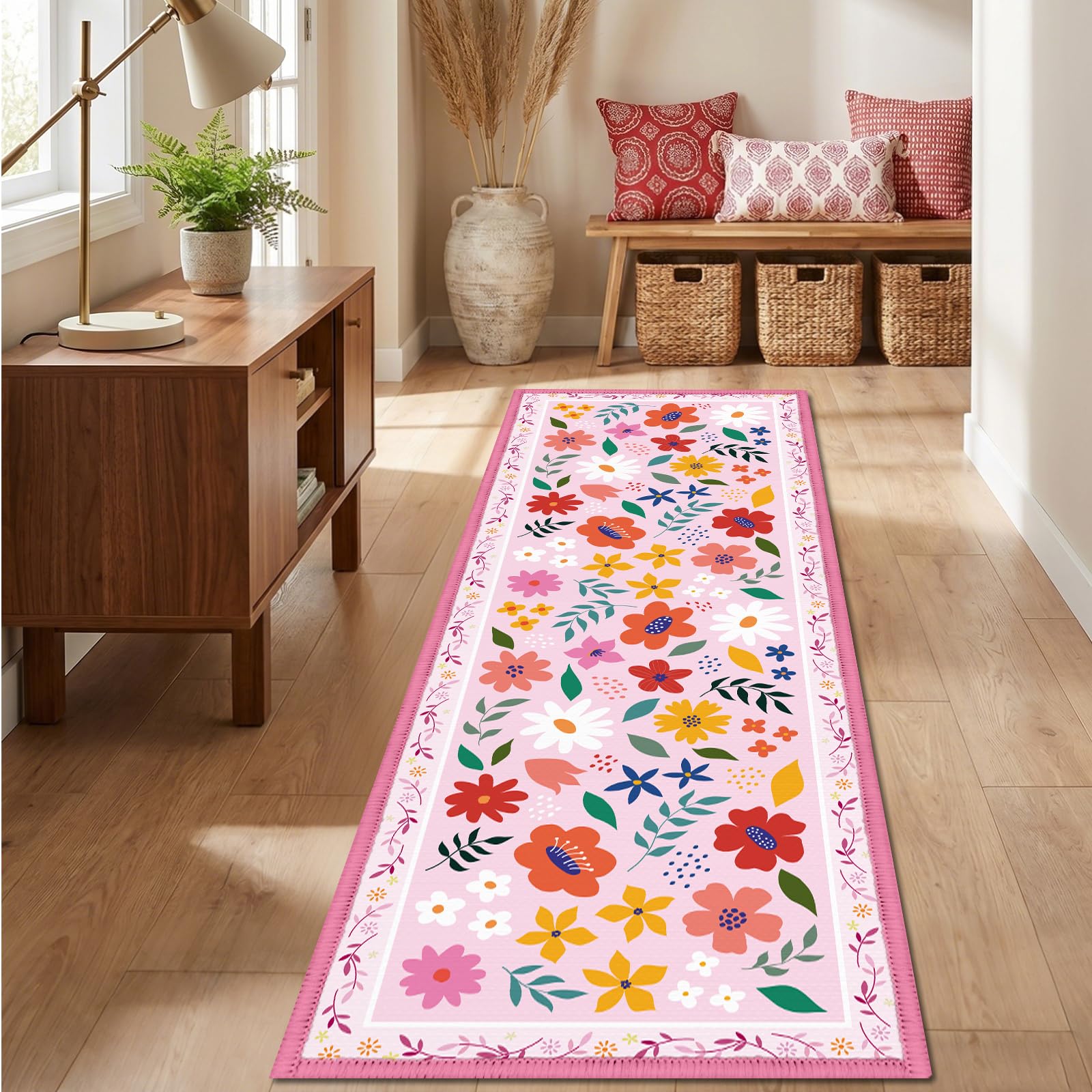 Luvart Carpet Runners for Hallways Non Slip Long, 60x180 cm Washable Runner Rugs, Pink Floral Floor Carpet Runner for Entryway Kitchen Laundry Room Indoor