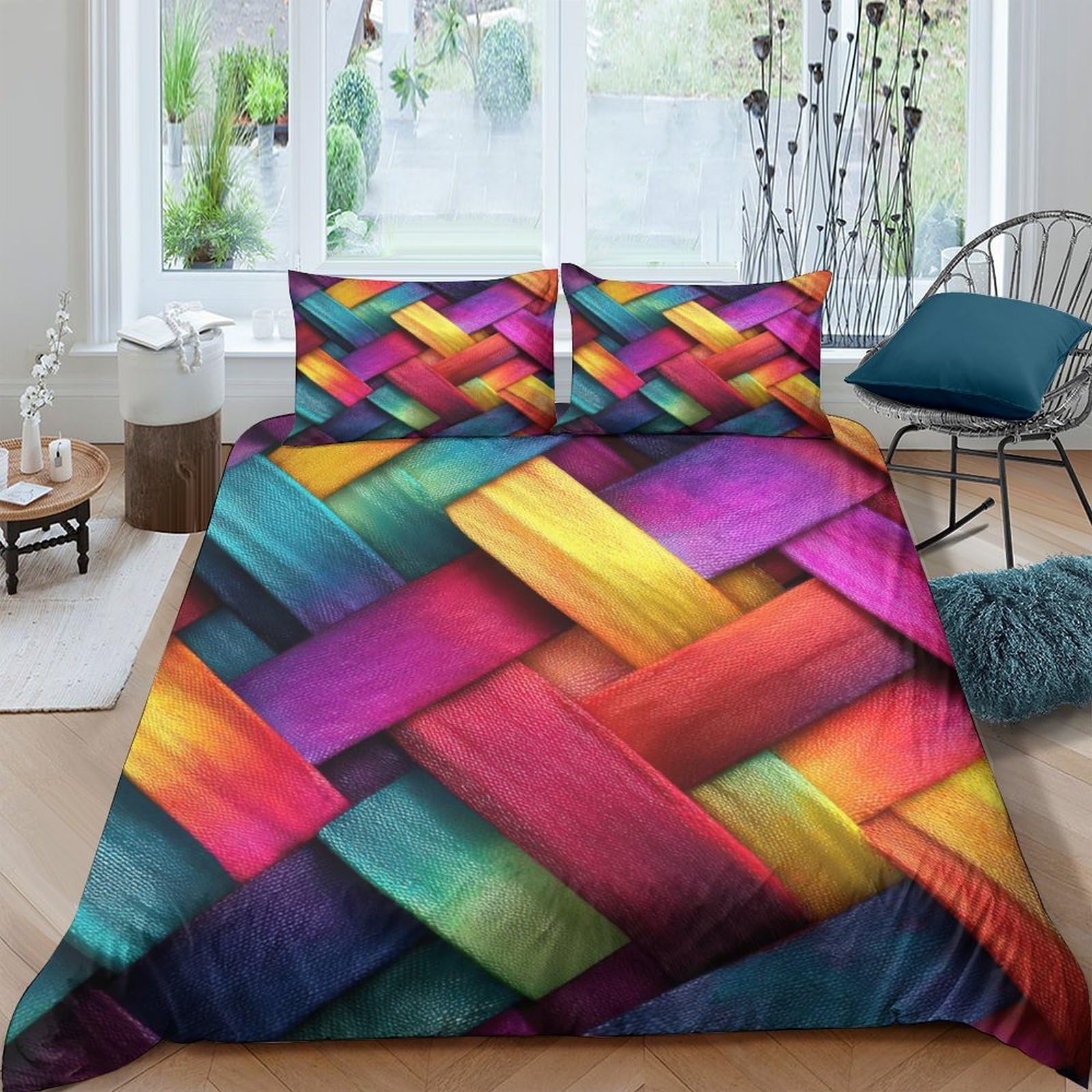 Ctjqhvkz Style-1 3D Printed Rainbow Woven Pattern Fitted Sheet Microfiber Soft Colorful Geometric Bed Cover For Bedroom Dorm Mattress Protection Decor Single（135X200cm）